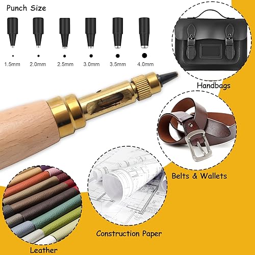 Miniatura 6 de Boyistar - Perforadora de tornillo japonesa ajustable, 6 tamaños de punta, perforadora para cinturón para cuero, mango de madera, herramienta de