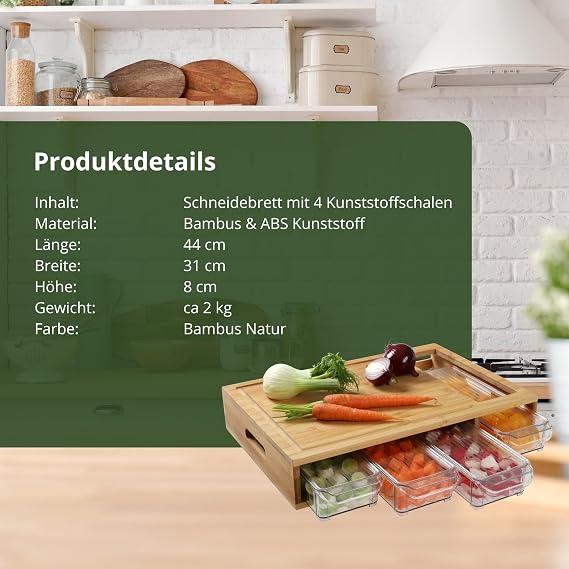 HeRo24 Bamboo Chopping Board with 4 Collection Trays Large Bamboo Kitchen Board Knife-Friendly & Hygienic Chopping Board with Integrated Containers for Vegetables Meat & Meal Prep
