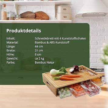 HeRo24 Bamboo Chopping Board with 4 Collection Trays Large Bamboo Kitchen Board Knife-Friendly & Hygienic Chopping Board with Integrated Containers for Vegetables Meat & Meal Prep