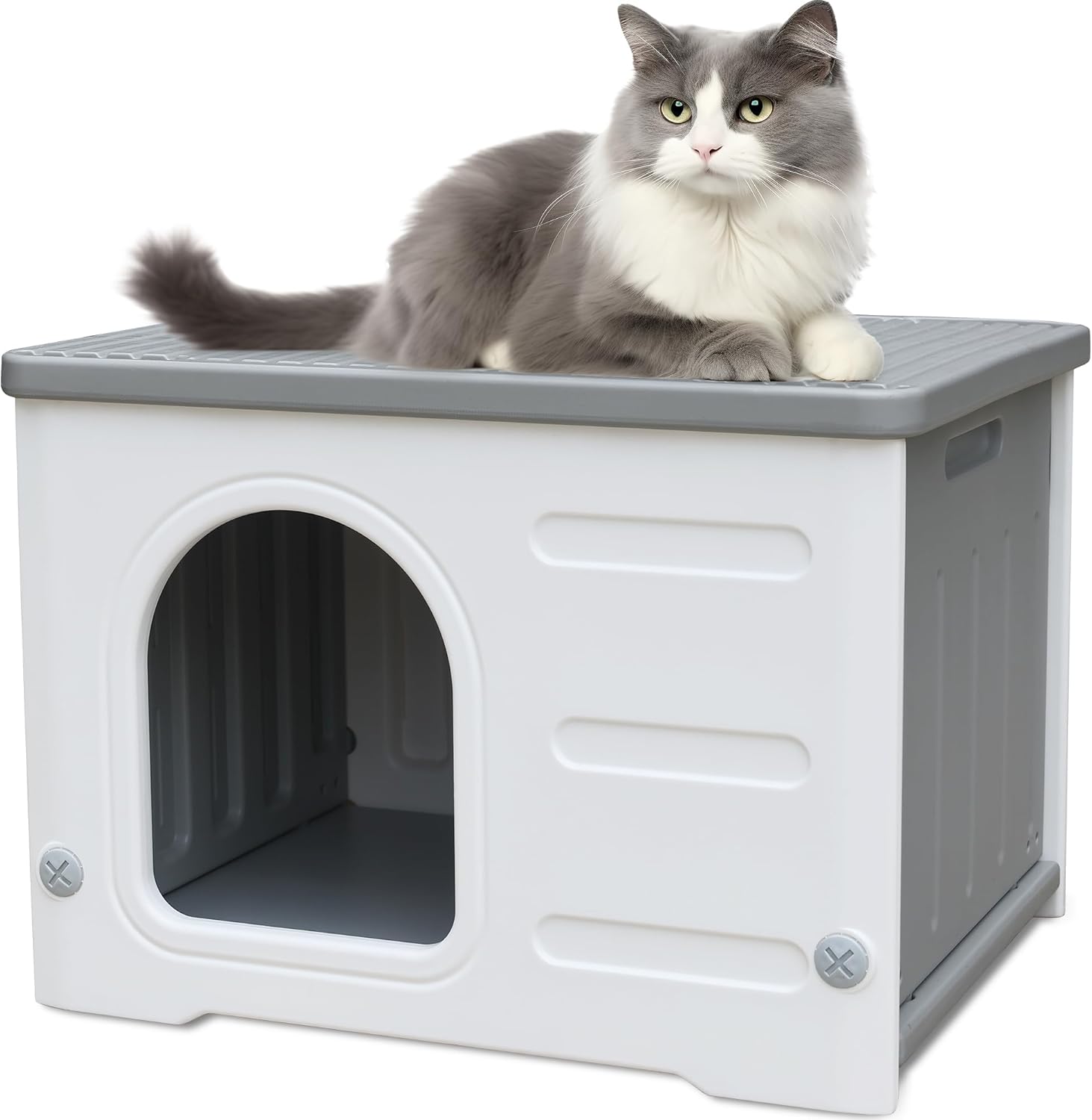 Plastic Cat House Outdoor & Indoor, Feral Cat Houses Waterproof Outdoor Cat House for Feral Cats, Outside Cat Shelter for Small Pet, Assemble and Clean Easily-Grey Grey House