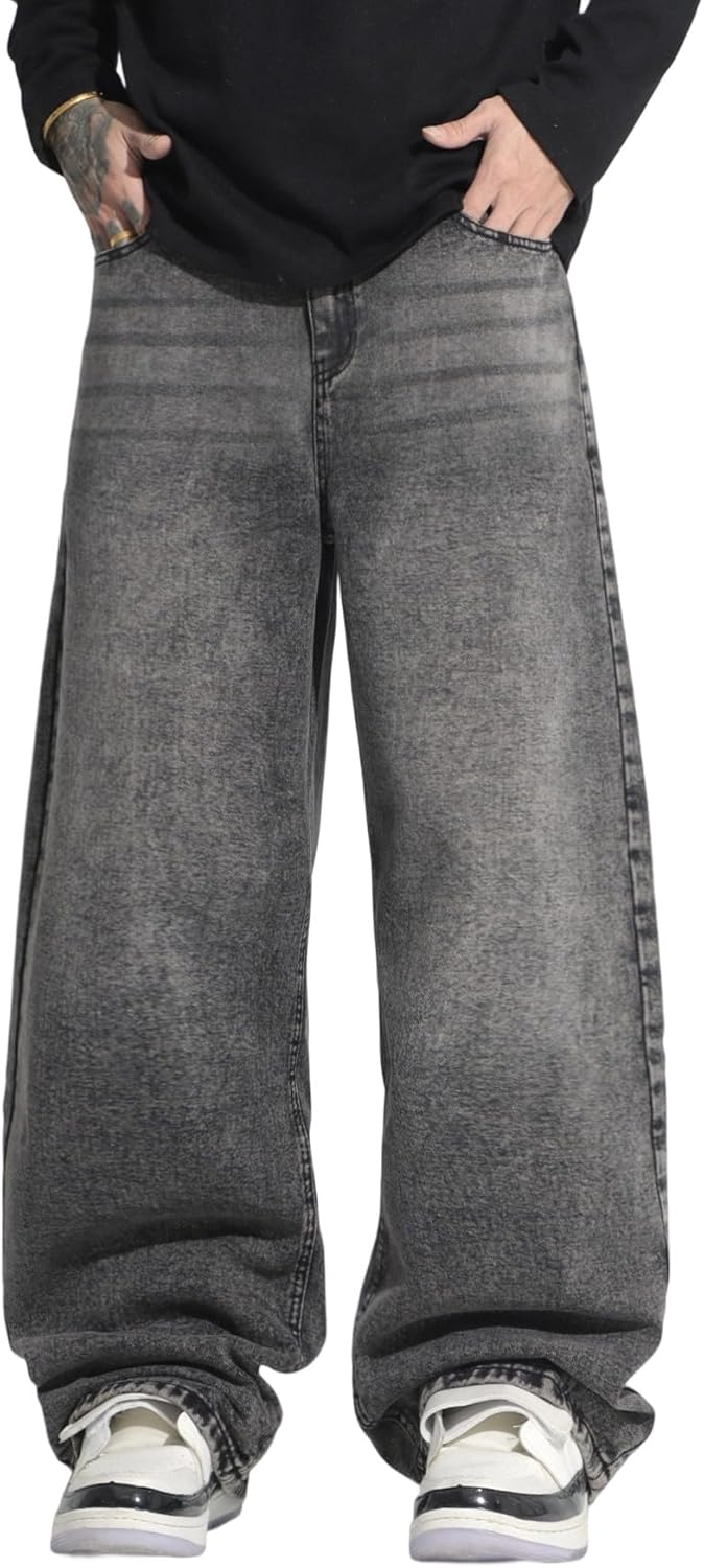 Men's Baggy Hip Hop Jeans Wide Leg Skater Denim Pants Casual Loose Fit Long Trouser...