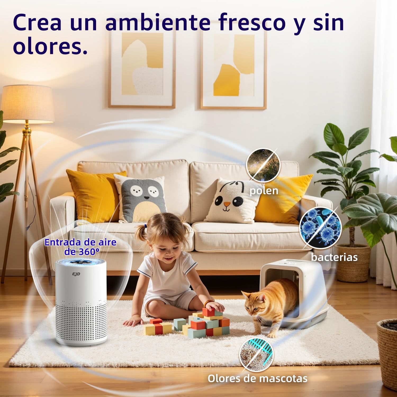 Purificador de aire EJD H13 True HEPA para hogar y dormitorio | Modo de suspensión de 12 dB, control de velocidad, temporizador, para olores, polvo, humo y polen