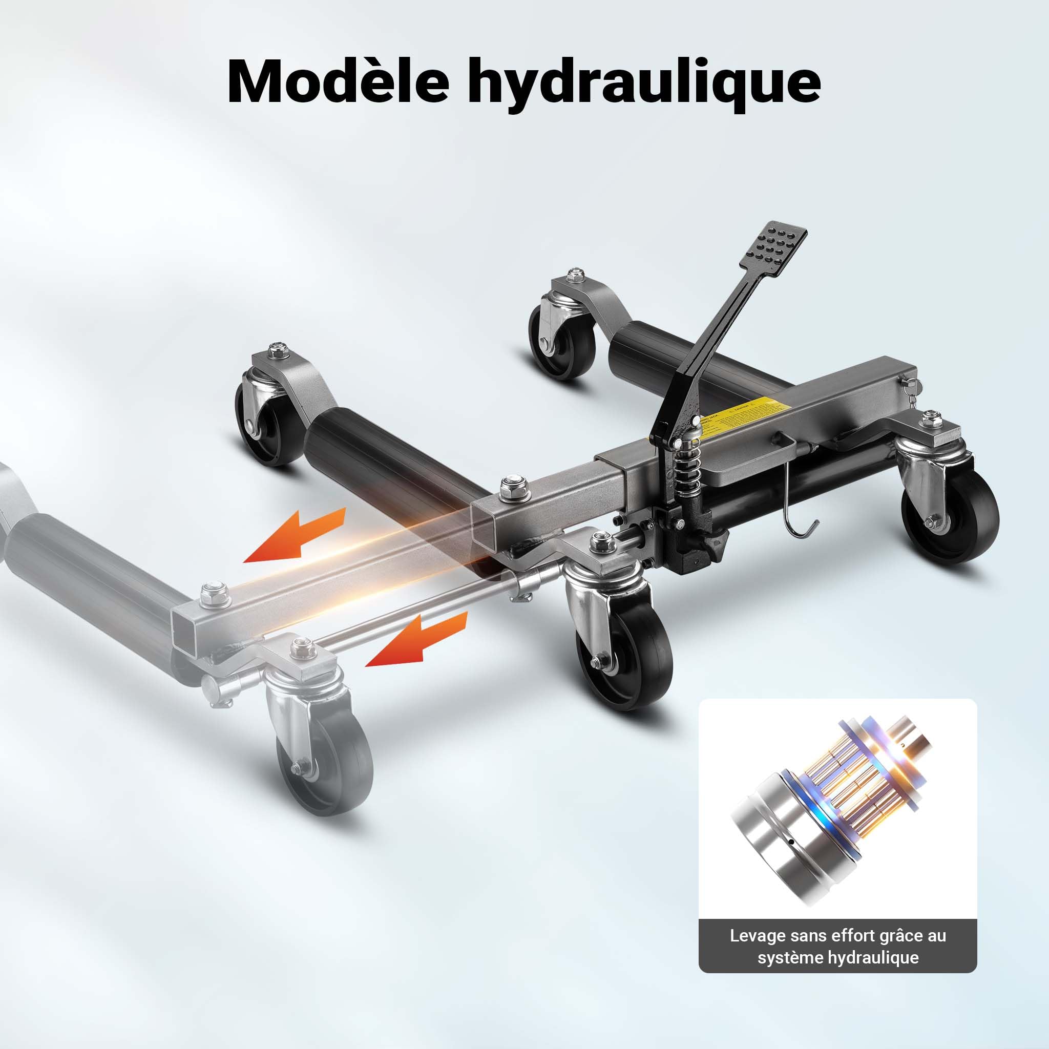 Wiltec Jeu Chariot de déplacement 2x Cric Go Jack Hydraulique 680kg par Cric Largeur de pneu 30 cm Taille 620 x 540 x 330 mm Noir argenté Goupille Sécurité Lève voiture Atelier Garage
