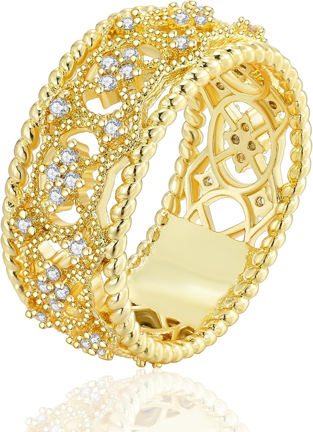 ENDLESSNESS & ETERNITY Vintage Stly Court Style Simulated Diamond 14K Gold Plated Wedding Band Ring Half Eternity Engagement Bridal Ring