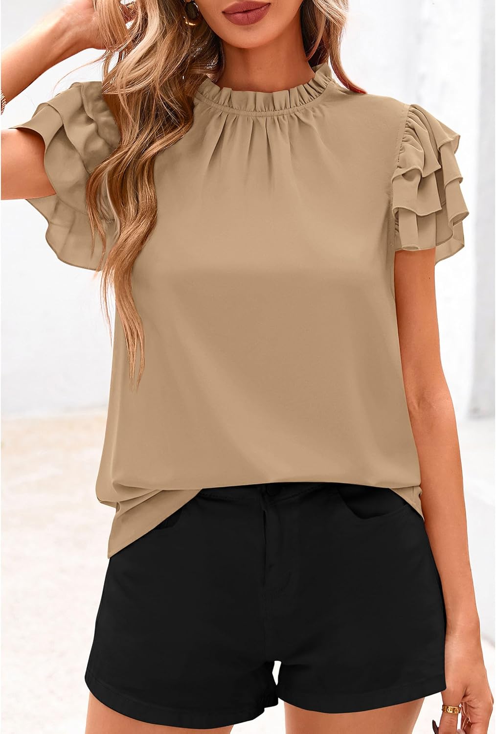 KIRUNDO Blouses for Women Dressy Casual 2026 Spring Summer Ruffle Short Sleeve Mock Neck Work Shirts Tops Fashion Clothing - Image 7