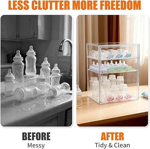 Miniatura 3 de YESGIRL Organizador de biberones transparente de 3 niveles, almacenamiento acrílico apilable transparente con cajón para encimera, estación de