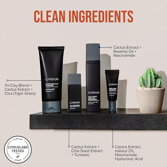 Cardon 4-Step Korean Skincare Gift Set for Men, Anti-Aging Korean Skincare Routine, Cactus-based, All Skin Types, Face Wash, Face Moisturizer with Sunscreen, SPF 30, Night Lotion, Eye Cream (4 CT)