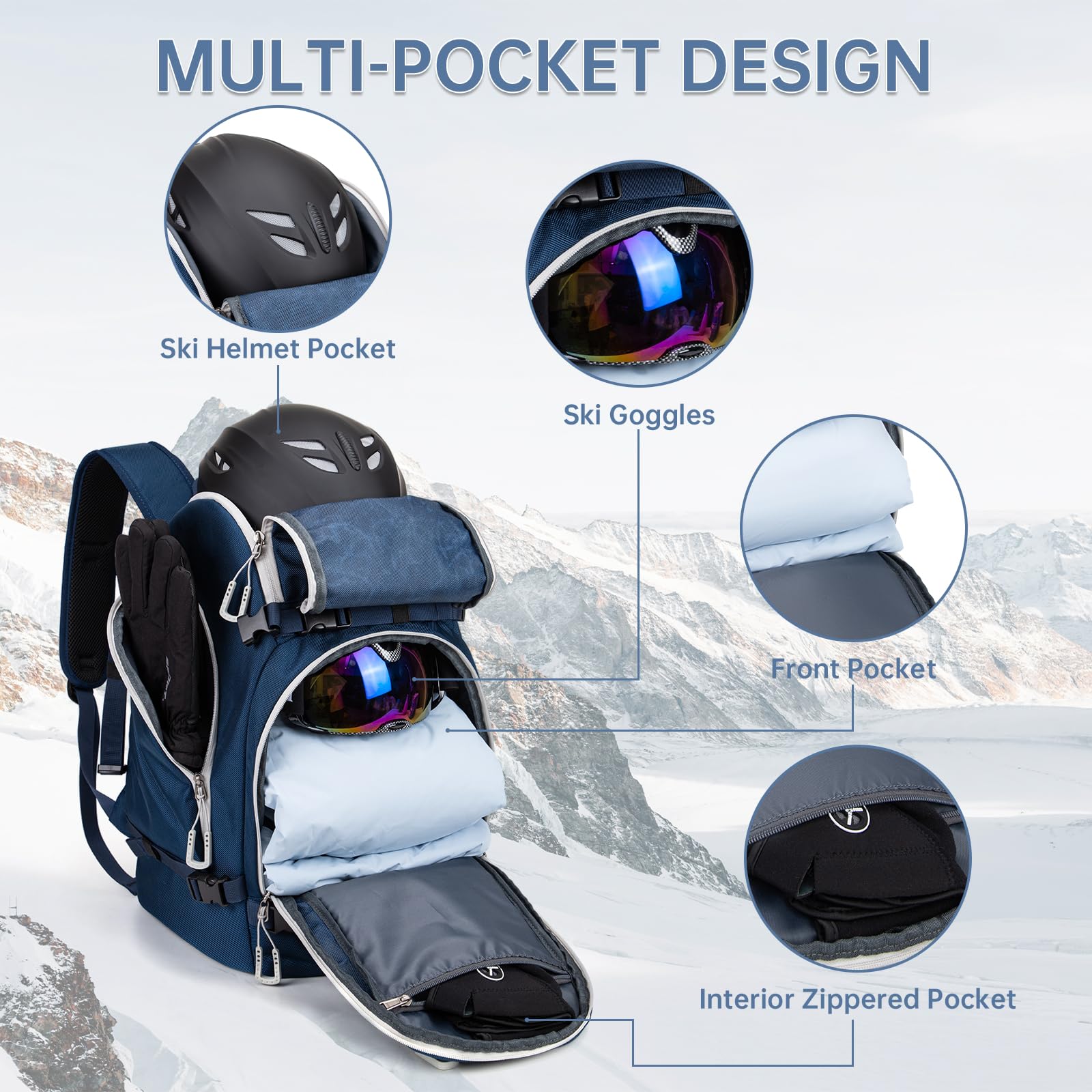 MIGGEEY Borsa per scarponi da sci con scomparto per casco e scomparto per stivali [50 l], zaino da sci con tasca per casco, borsa da sci con funzione di tracolla e spazio per accessori da sci