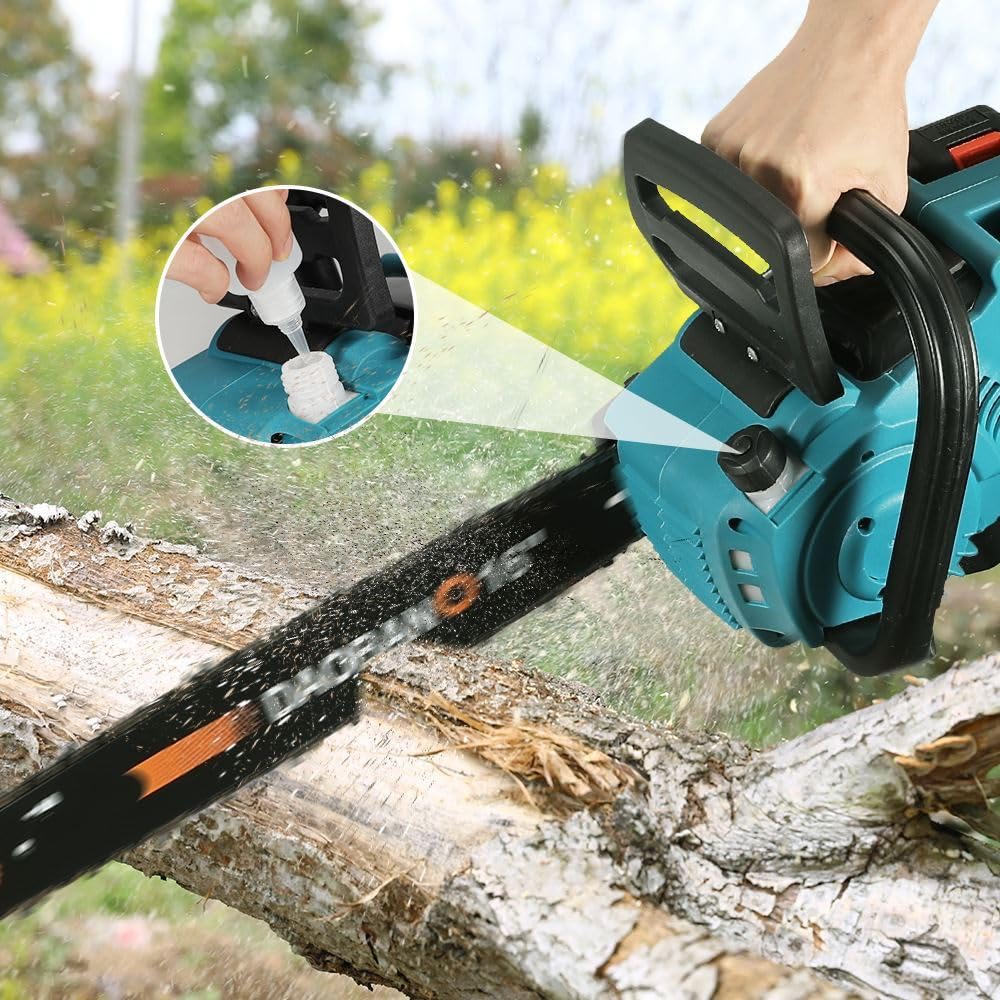 Motosierra Profesional con Batería, Motosierra Eléctrica Inalámbrica de 1500W, Batería de 6000 mAh, Barra de Cadena de 40 cm, Velocidad de Cadena 18 m/s, Sistema de Lubricación Automática (Azul)
