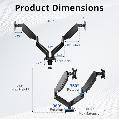 Miniatura 2 de Brazo para monitor, brazo de monitor doble para computadora para pantallas de computadora de 13 a 32 pulgadas, soporte giratorio de altura ajustable