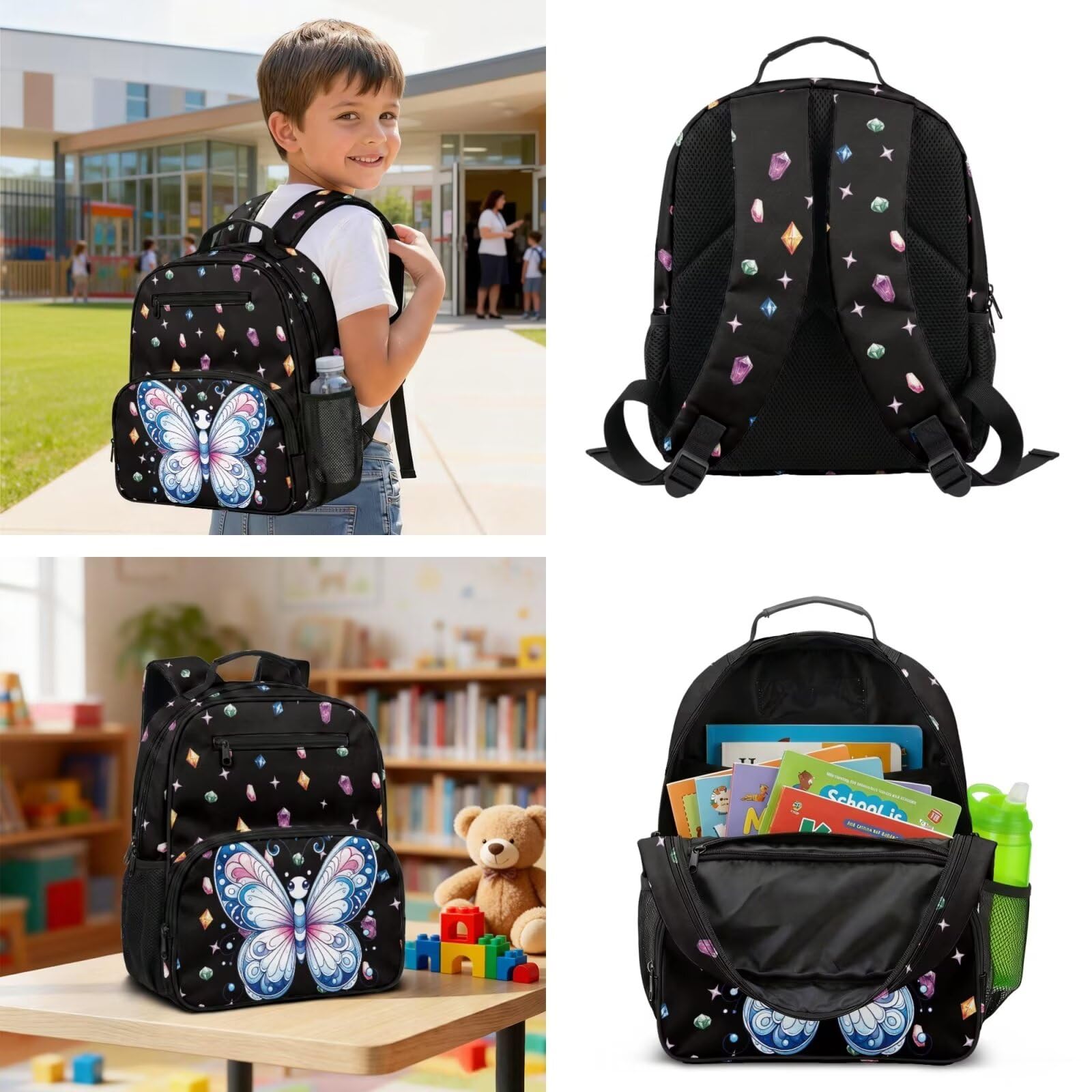 COEQINE Prek - Mochila para niñas con fiambrera, cierre fácil, bolsa de escuela primaria impresa con correas acolchadas, bolsa de pañales transpirable, Mariposa negra gema estrellada, M, Casual