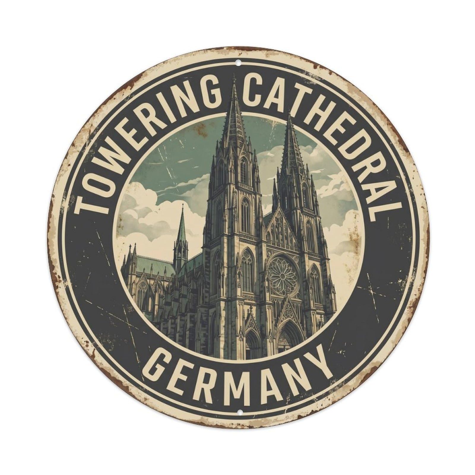 Vintage Travel Towering Cathedral Germany Metal Tin Sign Plaque Wall Decor for Cafe, Club, Garden Round Metal Poster 8x8Inch