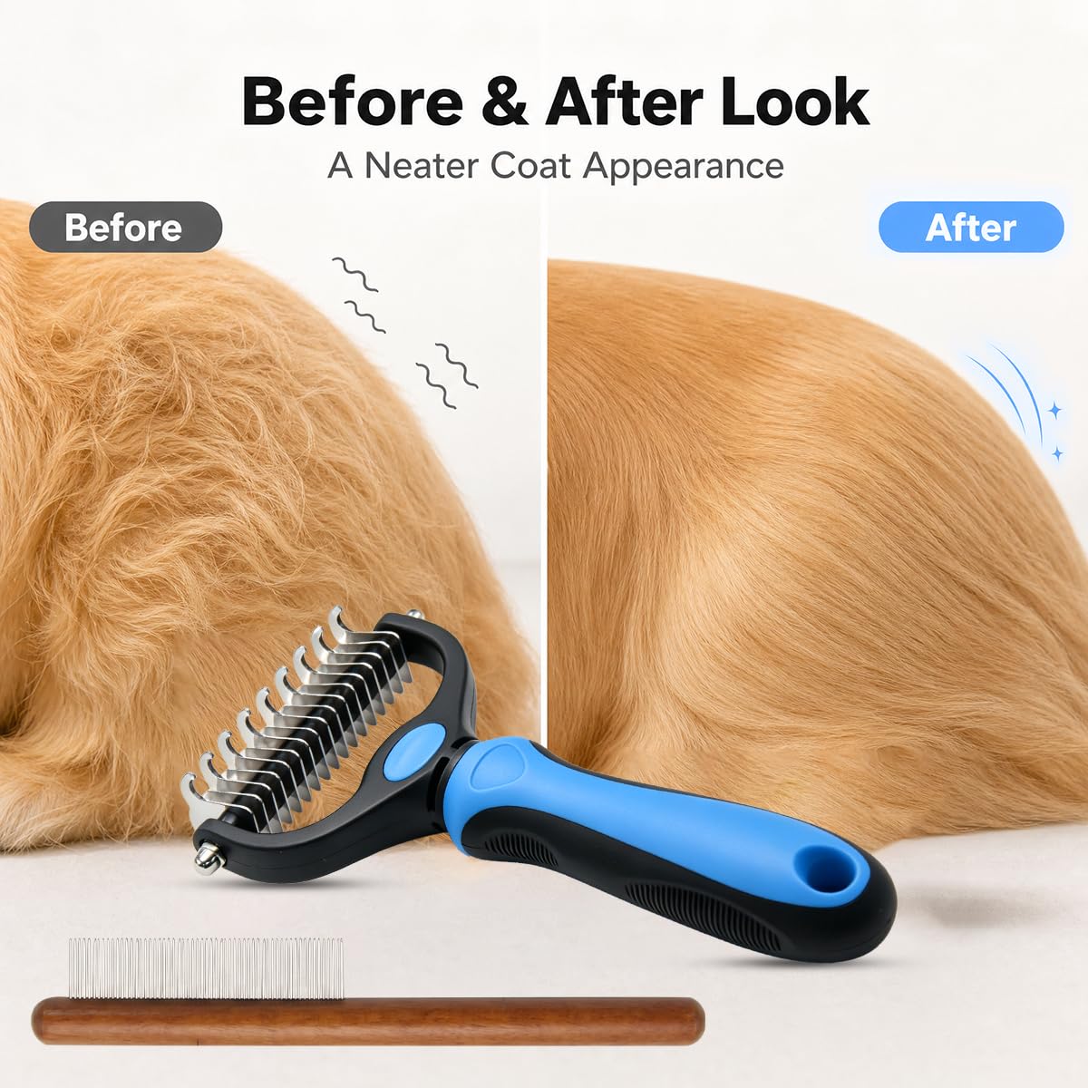 Pet Pro Grooming Tool for Dogs & Cats, 2-in-1 Blue Deshedding Brush & Wooden-Handle Steel Comb, Undercoat Rake for Long Hair Thick Coats, Painless Dematting Removes Tangles Knots & Loose Fur