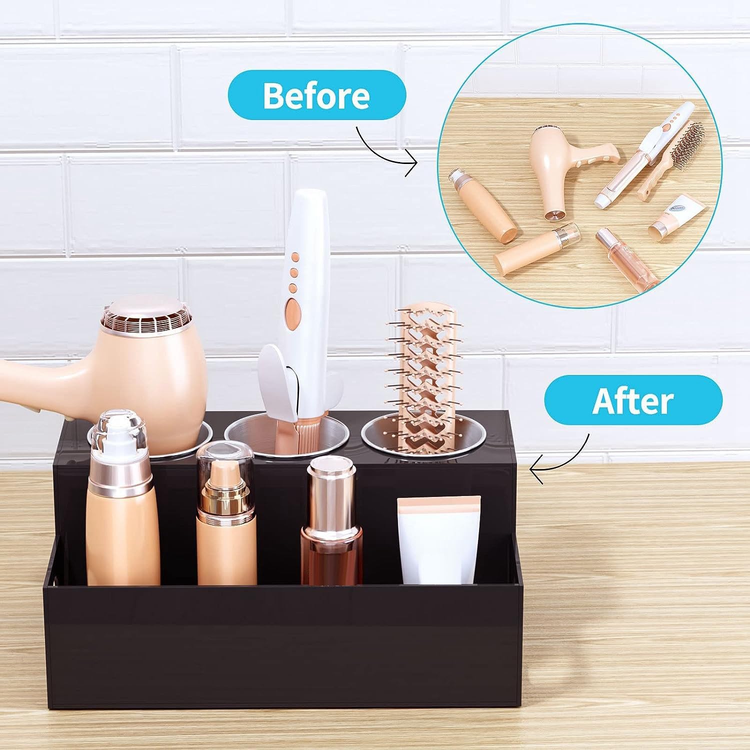Organizzatore per Strumenti per Capelli Porta Asciugacapelli da Appoggio Supporto per Asciugacapelli per Bagno con 3 Tazze Nero