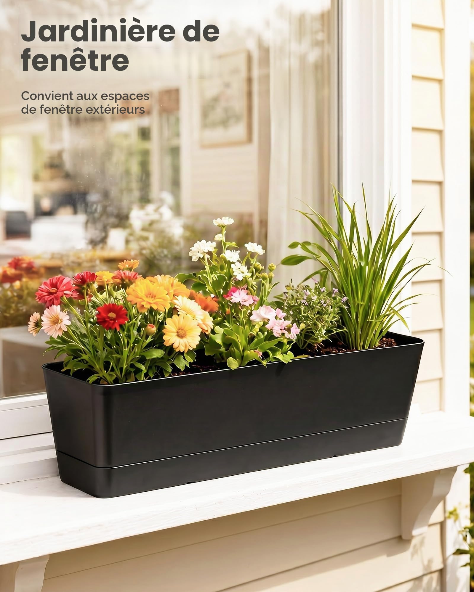 Bamworld Lot de 3 Jardinières Rectangulaires 42x12 cm en Plastique avec Drainage, pour Balcon, Intérieur et Déco de Table, Noir
