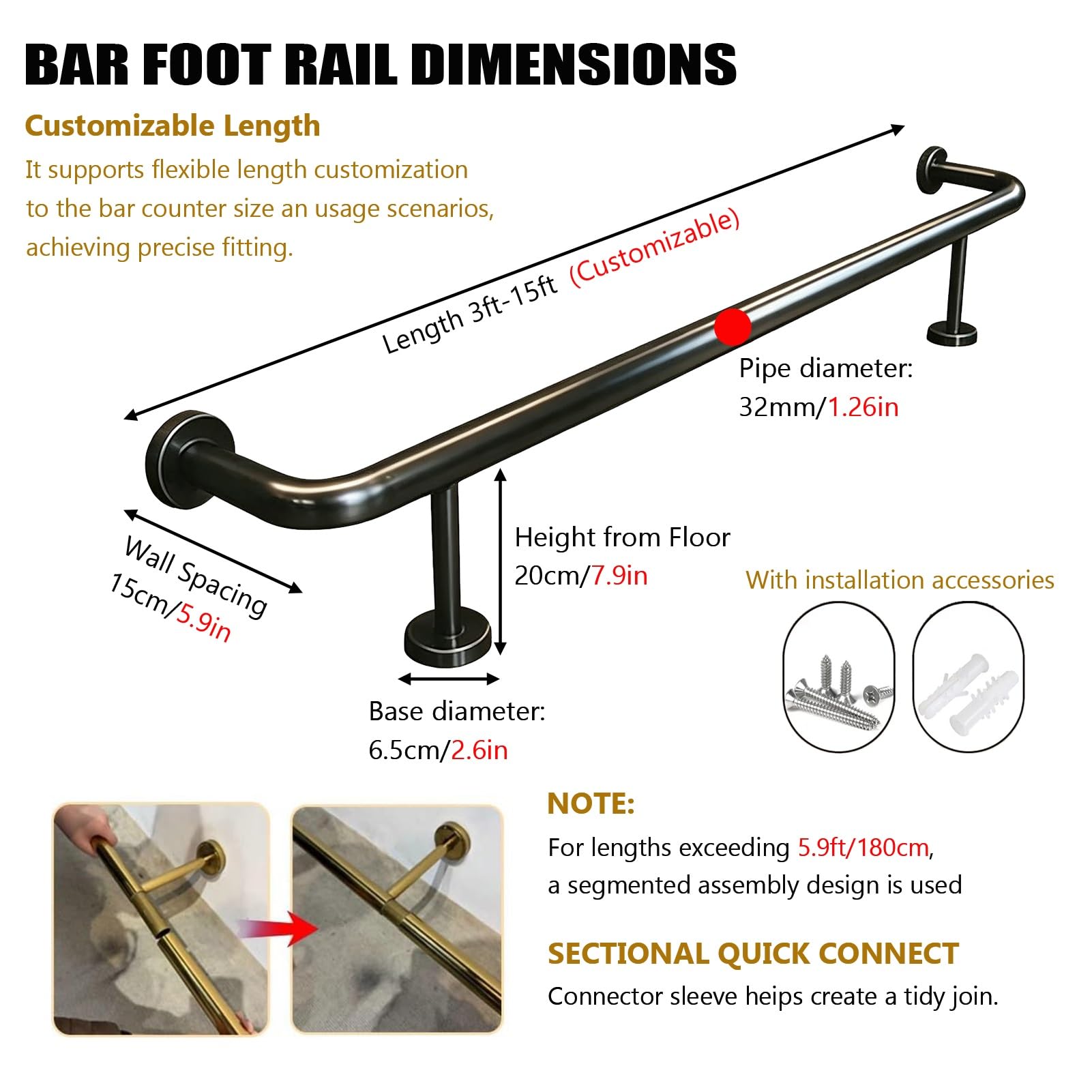 inless Zestaw balustrad stalowych, 5ft / 152 cm, czarna szyna nożna z akcesoriami do wewnątrz, na zewnątrz, pub, kuchnia, pojemność 150 kg