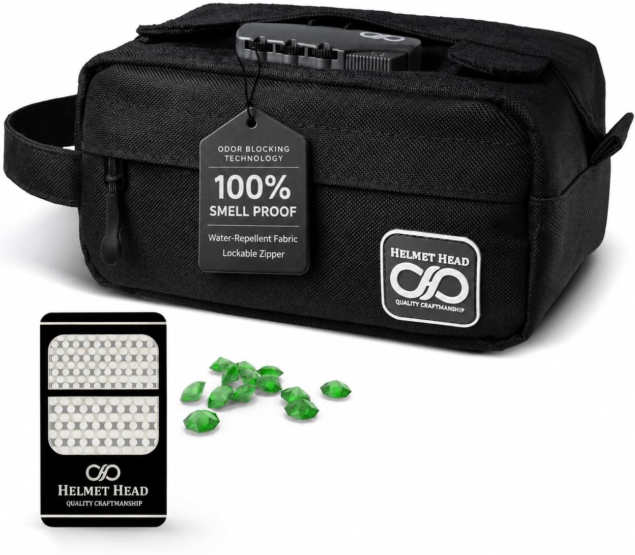 HELMET HEAD Smell Proof Bag, Water Repellent Stash Box, Compact Travel Bag with Combination Lock and Grinder Card For Your Mason Jars, Mylar Bags and Herbs (Black)