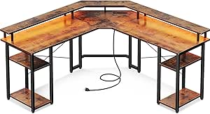 Coleshome L Shaped Gaming Desk with LED Lights &amp; Power Outlets, Reversible 56" Computer Desk with Full Monitor Stand &amp; Storage Shelves, Ergonomic Home Office Corner Desk, Vintage
