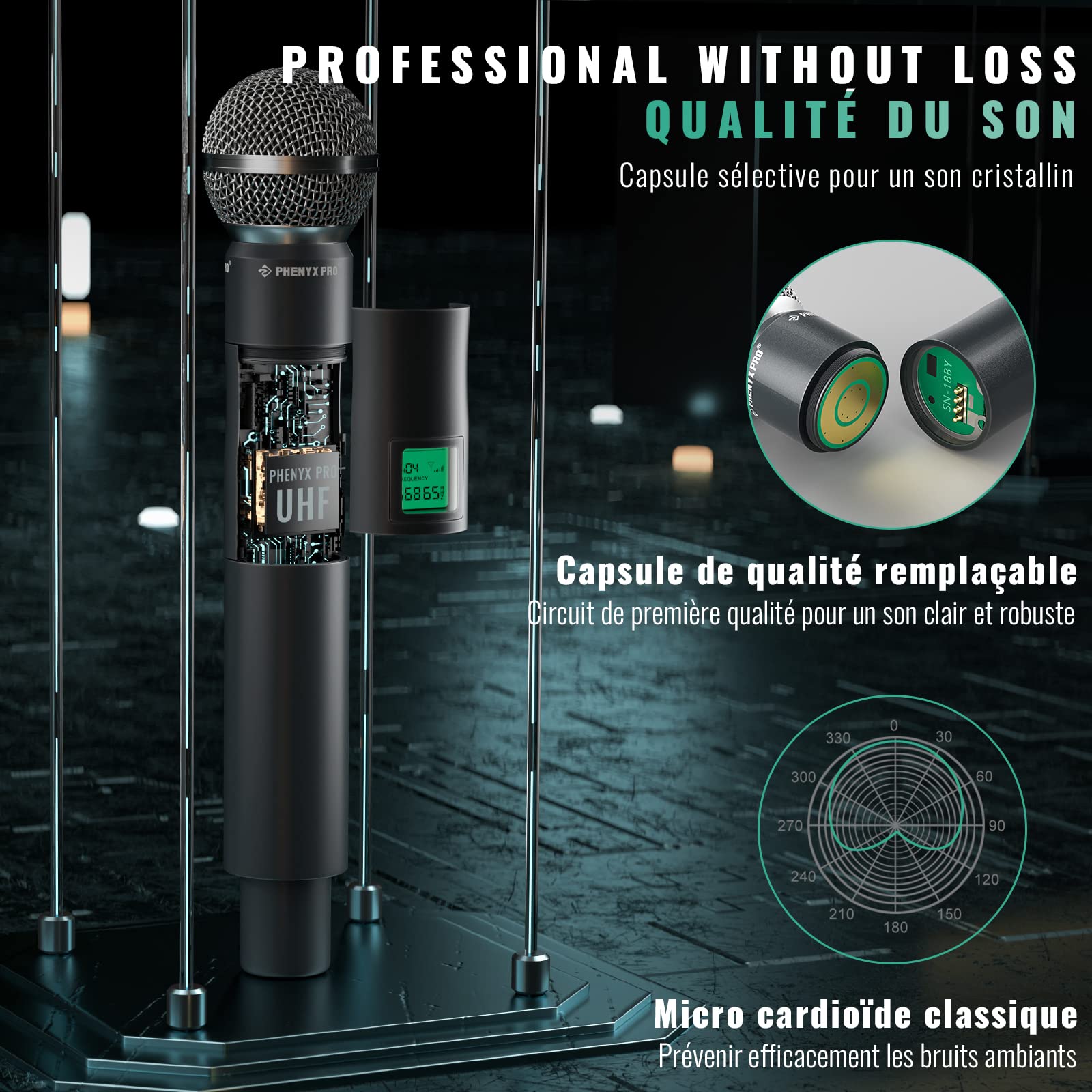 Phenyx Pro Système de Microphones sans Fil UHF 4 Canaux PTU-5000-2H2B | 2 Micros main dynamiques, 2 bodypacks, Micros casque/lavalier, Fréquence fixe, Portée 260 ft, Services religieux
