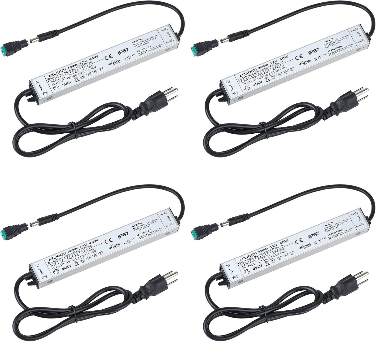 LED Power Supply - 40W, IP67 Waterproof, 90V-265V AC to 12V DC, 3-Prong Plug, 3.3ft Cable for LED Strip Lights