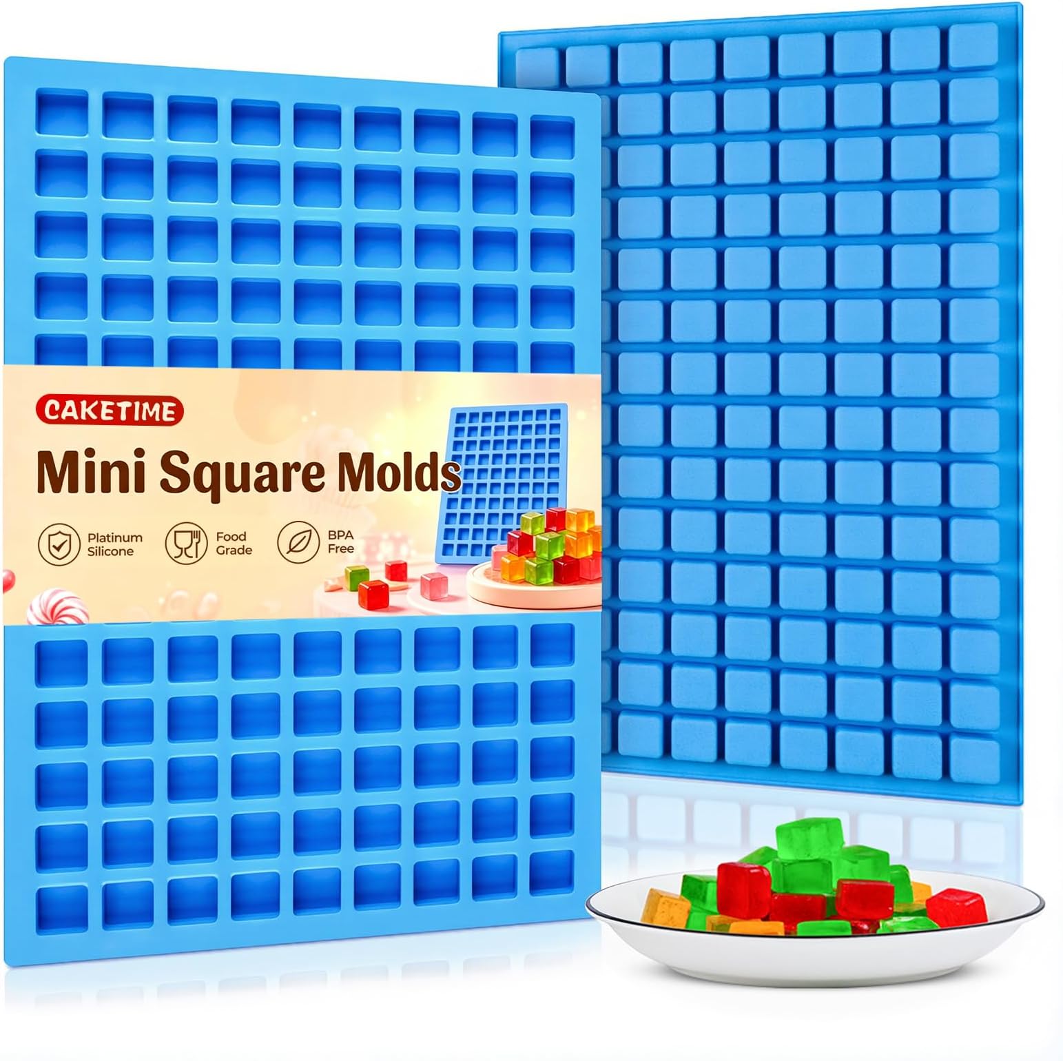CAKETIME Square Silicone Candy Molds - Mini Silicone Molds for Hard Candy, Chocolate, Gummy, Caramel, Ganache, Ice Cubes (2)
