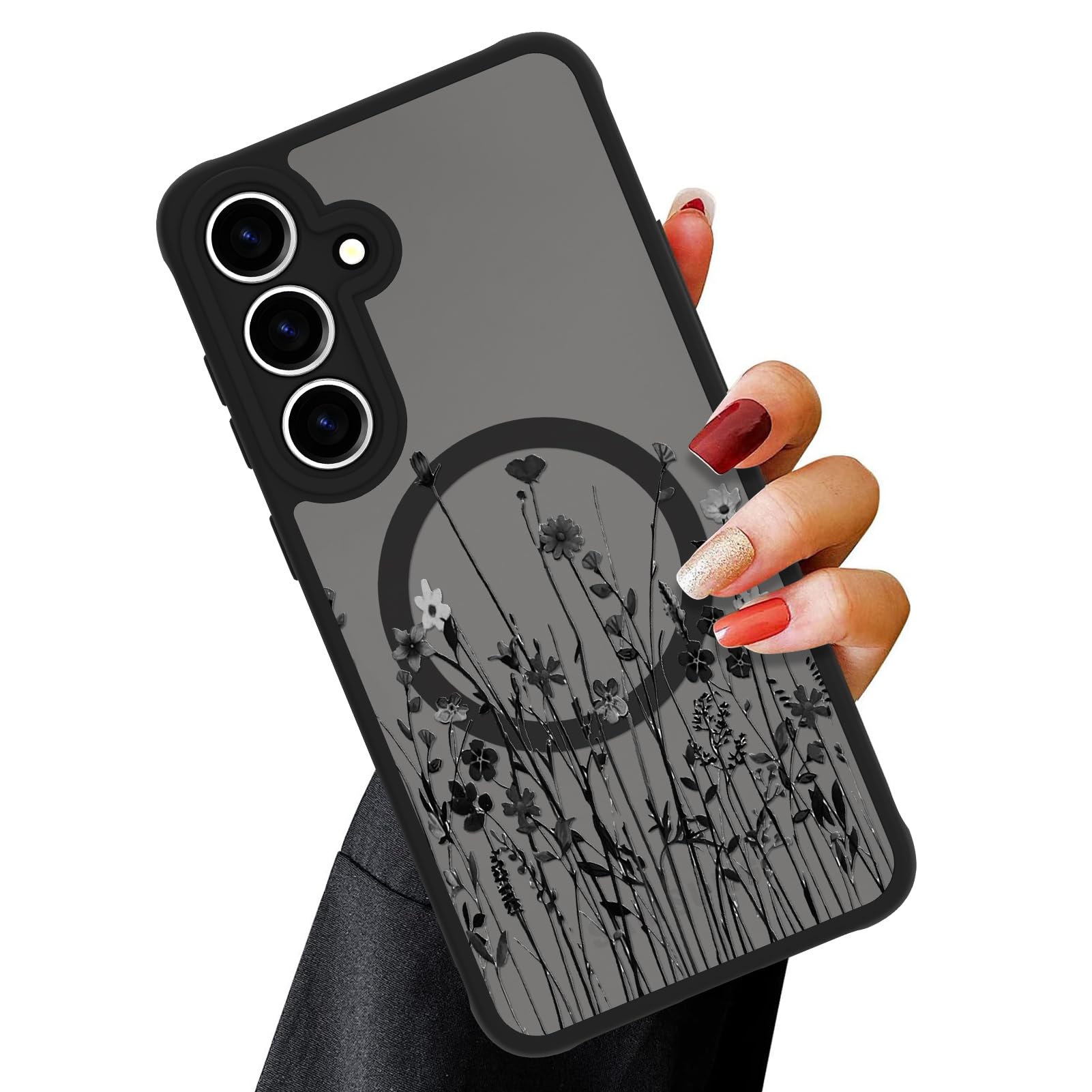 OOK Magnetic for Samsung Galaxy S25 Case Black Wild Flower Pattern | [Compatible MagSafe][12FT Military Grade Drop Tested] With Screen Protector For