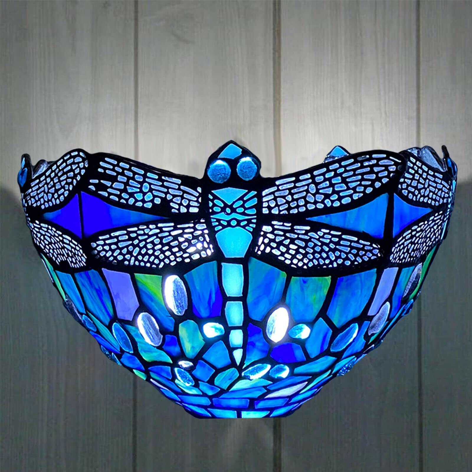Auroh Multi Tiffany Wall Light 12 Inch Sapphire Blue Dragonfly - Stained Glass Sconce
