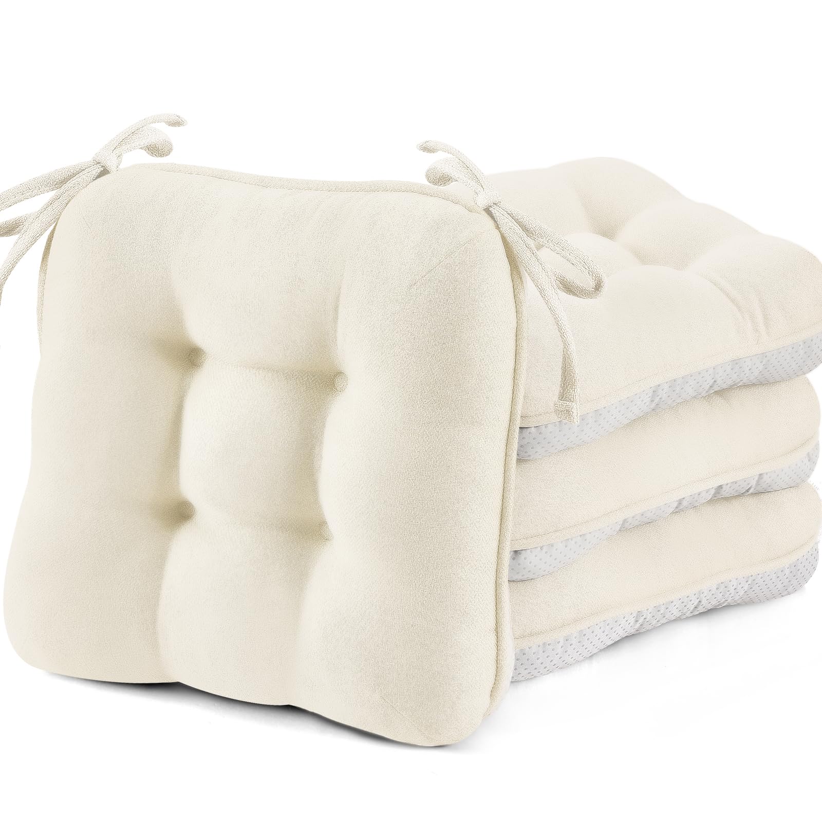 BETU White Chair Cushions for Dining Chairs Set of 4,3.5" Thick Kitchen Table Chair Pads with Ties,Non Slip Backing and Covers, Seat Cushion for