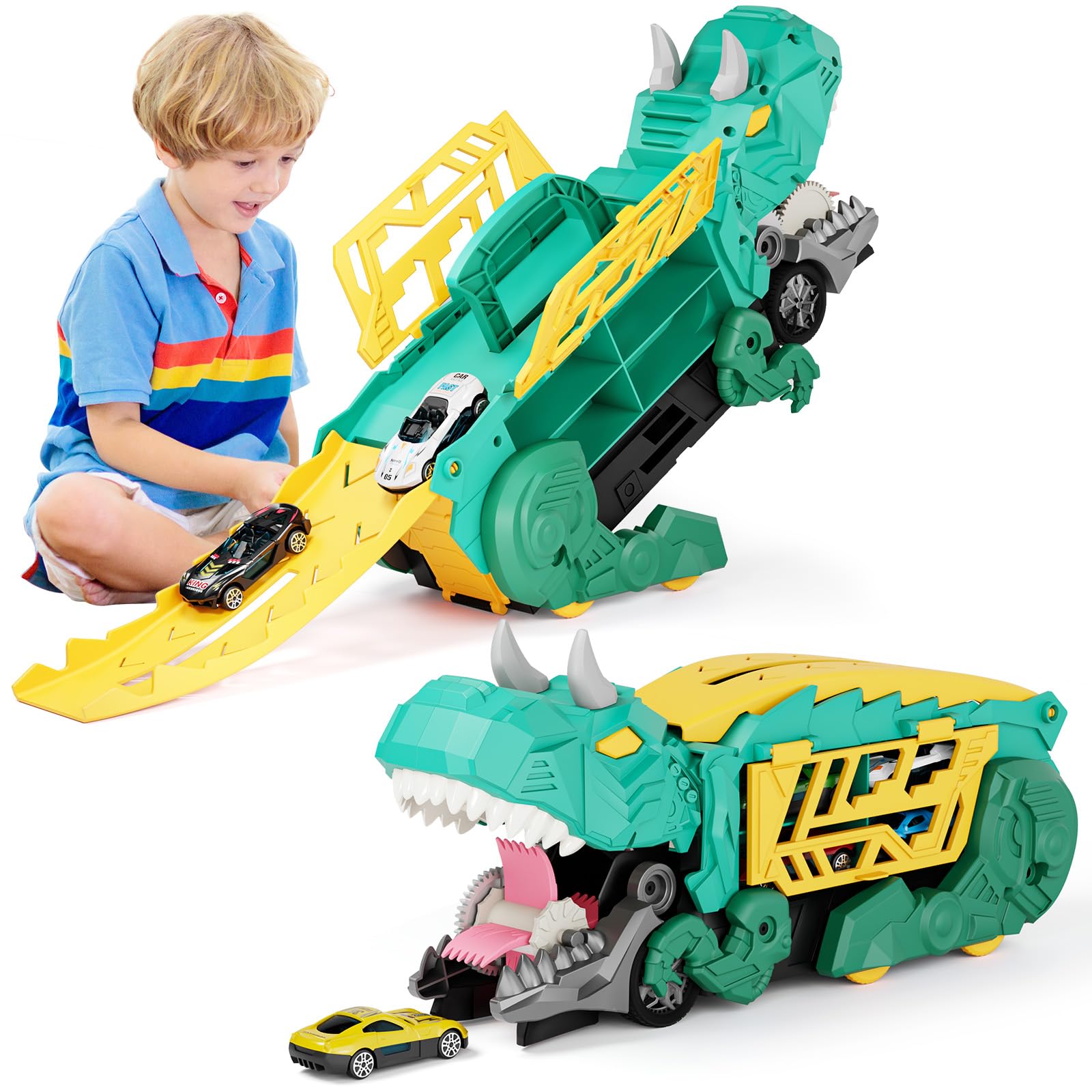 SHAWE Dinosaur Transporter Truck Toys for Boys Age 3-8, Portable Sliding Race Track Toy, 6 Racing Cars, Swallowing Action
