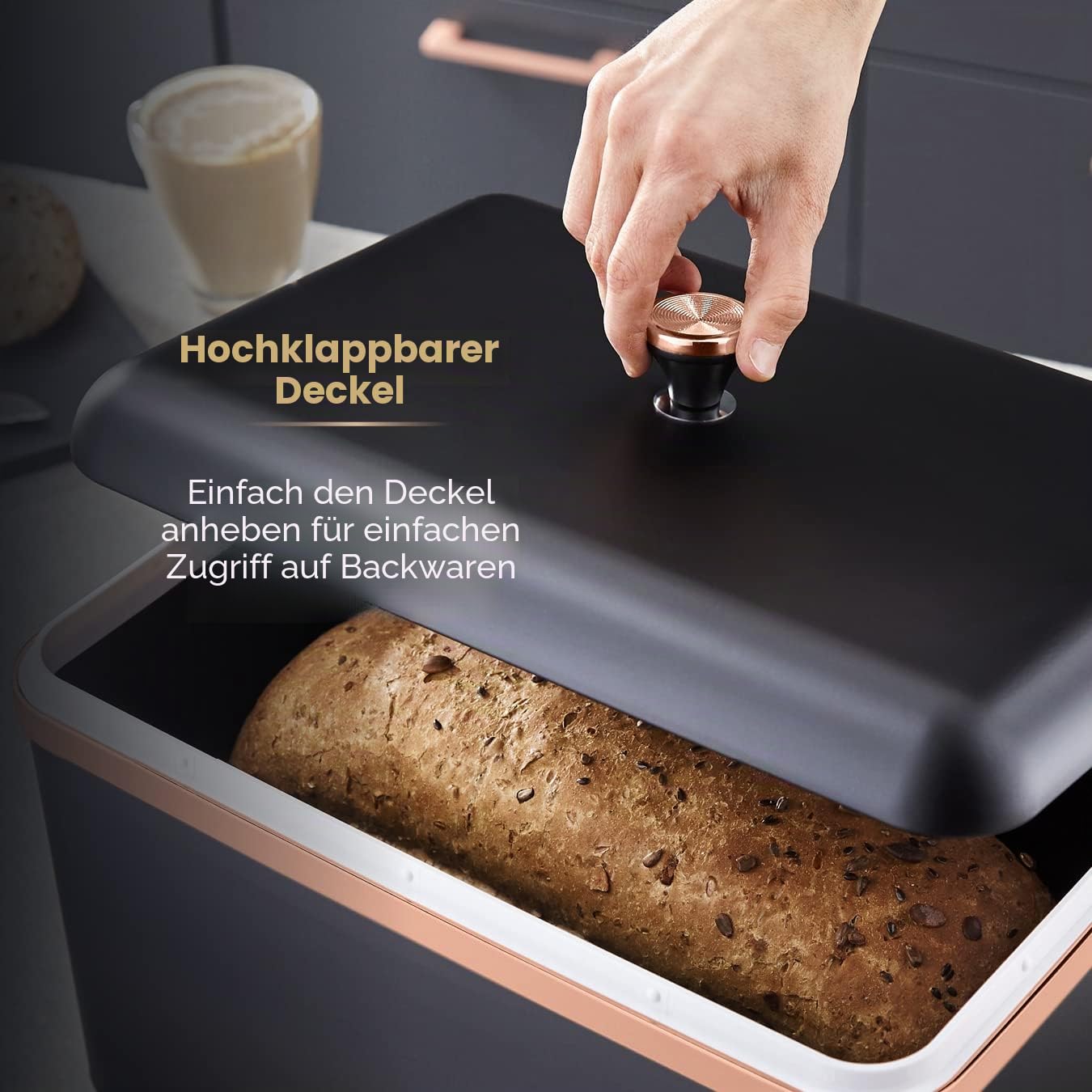 Tower T826130BLK Cavaletto Brotkasten-Aufbewahrung, Karbonstahl, Abnehmbarer Deckel, Schwarz und Rotgold, 23 x 35 x 24 cm