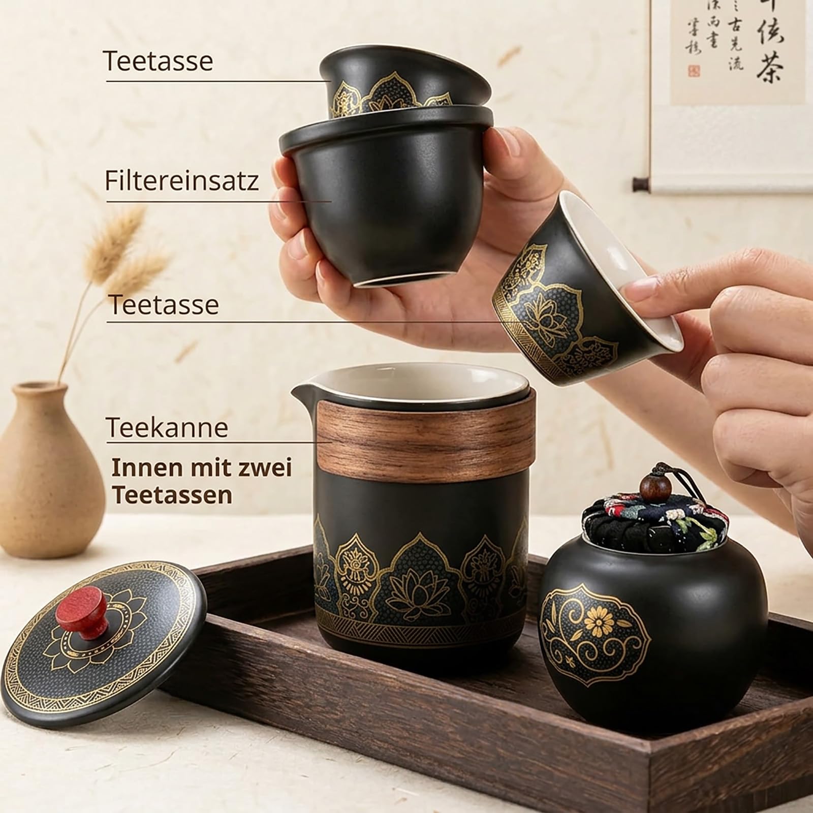 Japanisches Teeservice, 6 Stück Schönes Tea Set Porzellan Chinesische Teekanne Set, Gongfu Teeservice, Tragbares Schwarzes Keramik-Teekannenset 250ml, Traditionelles Teekanne Teeservice aus Porzellan