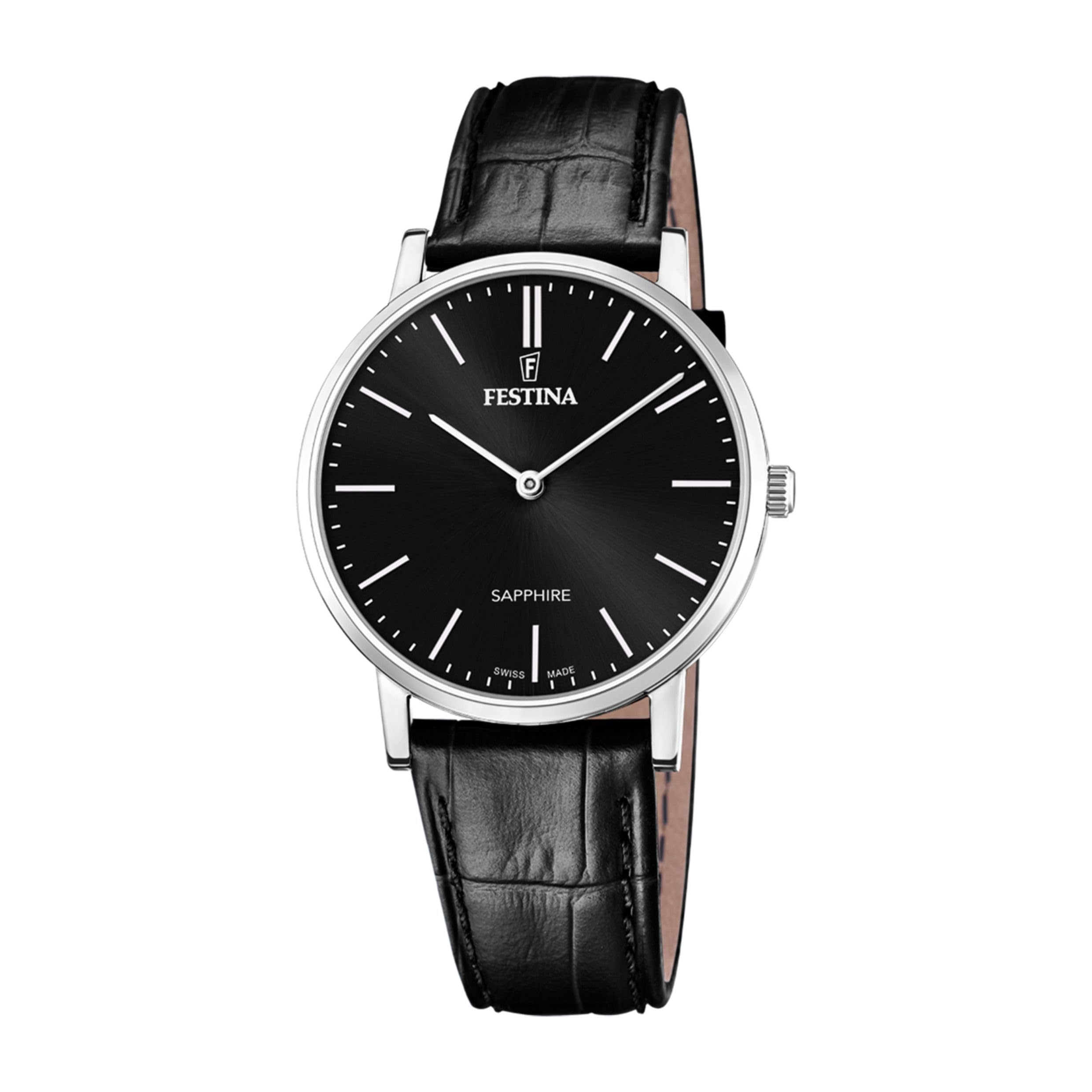 Festina Swiss Made Watch Black Leather Strap, Men's