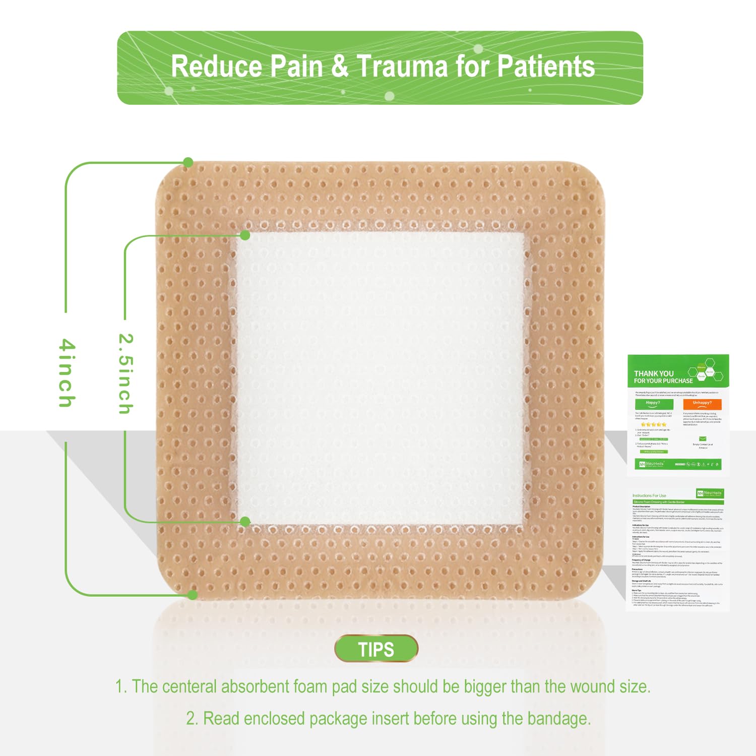 NeuHeils Silicone Foam Dressing with Gentle Border 4''x4'', 20 Pack for Bed Sore Leg Ulcer, High Absorbency Large Waterproof Silicone Wound Bandage