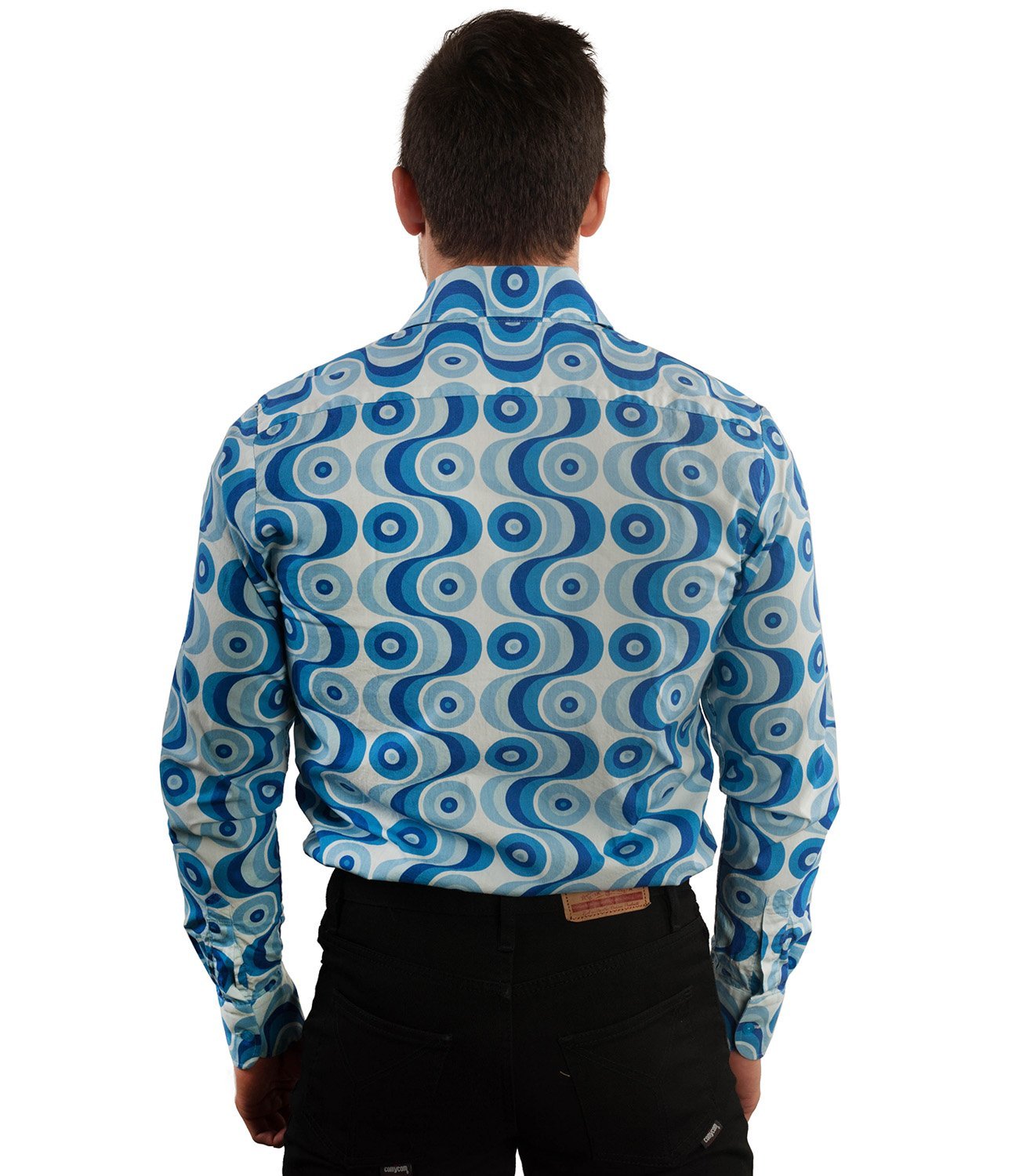 Comycom 70er-Jahre Muster Herren Freizeithemd Waves blau - Slimfit Partyhemd für 70er-Party, Schlager-Party oder als Disco-Outfit