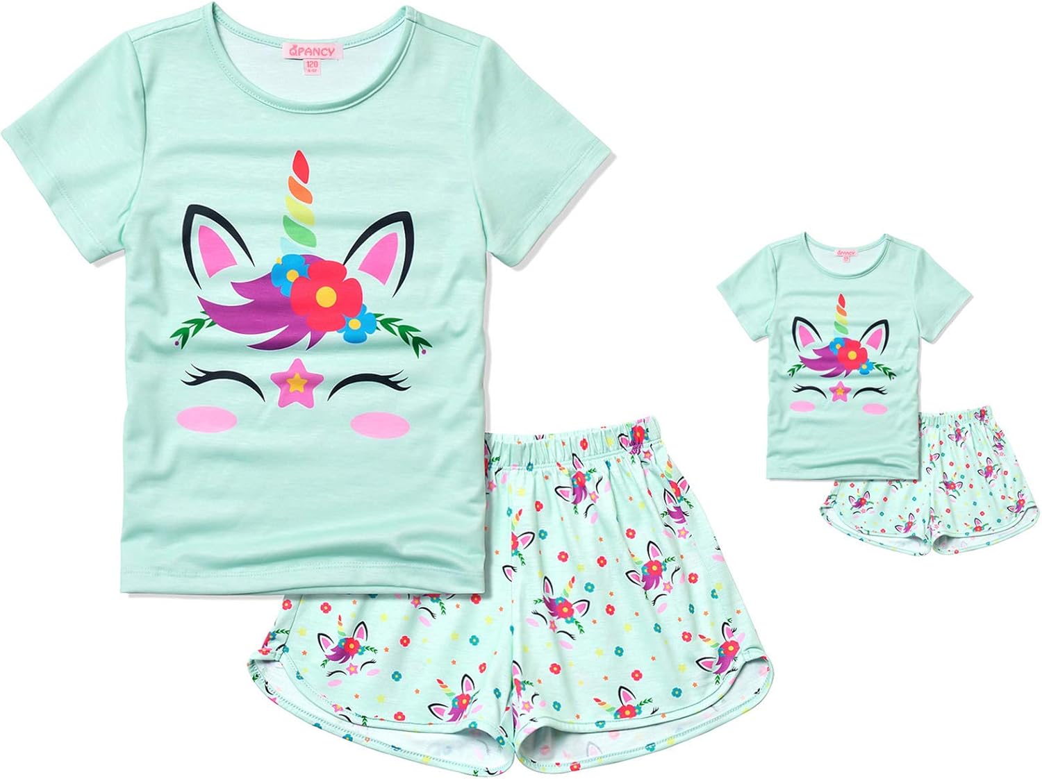 QPANCY Matching Girls & Dolls Pajamas Unicorn Pj Sets Summer Cotton Sleepwear