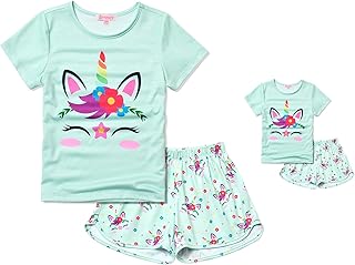 Unicorn Pjs Matching Dolls&Girls Pajama Sets Cotton for American Girls,Size 6 7