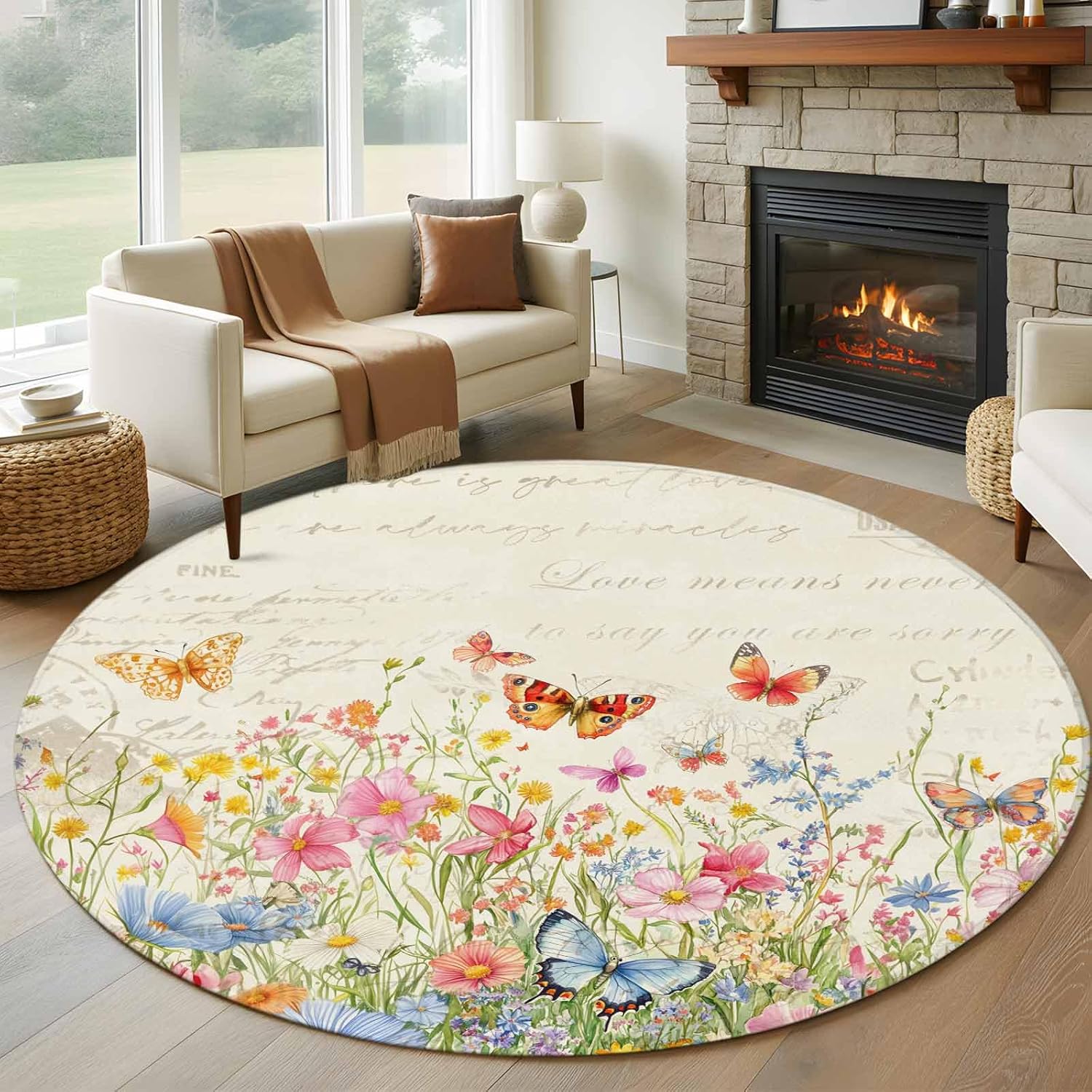Round Rugs 8Ft, Spring Summer Botanical Washable Rug for Living Room Low Pile Indoor Floor Carpet, Butterfly Floral Vintage Non-Skid Bathroom Rug Kitchen Runner Rugs for Bedroom