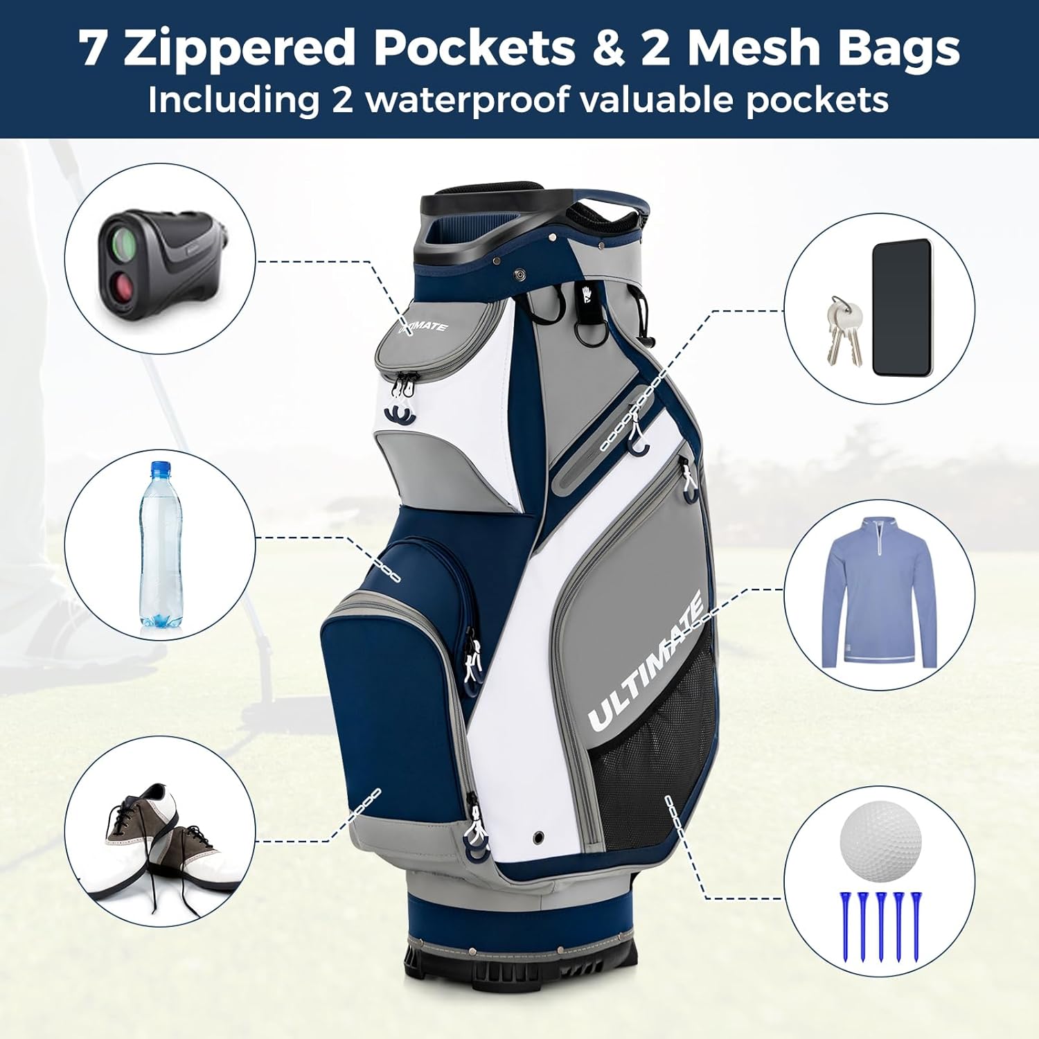 GYMAX Golf Bag, 14 Way Divider Golf Cart Bag with 7 Zipper Pockets, Individual Putter Well & Rain Hood, Lightweight Golf Club Bag, Freestanding Portable Golf Carry Bag for Men Women