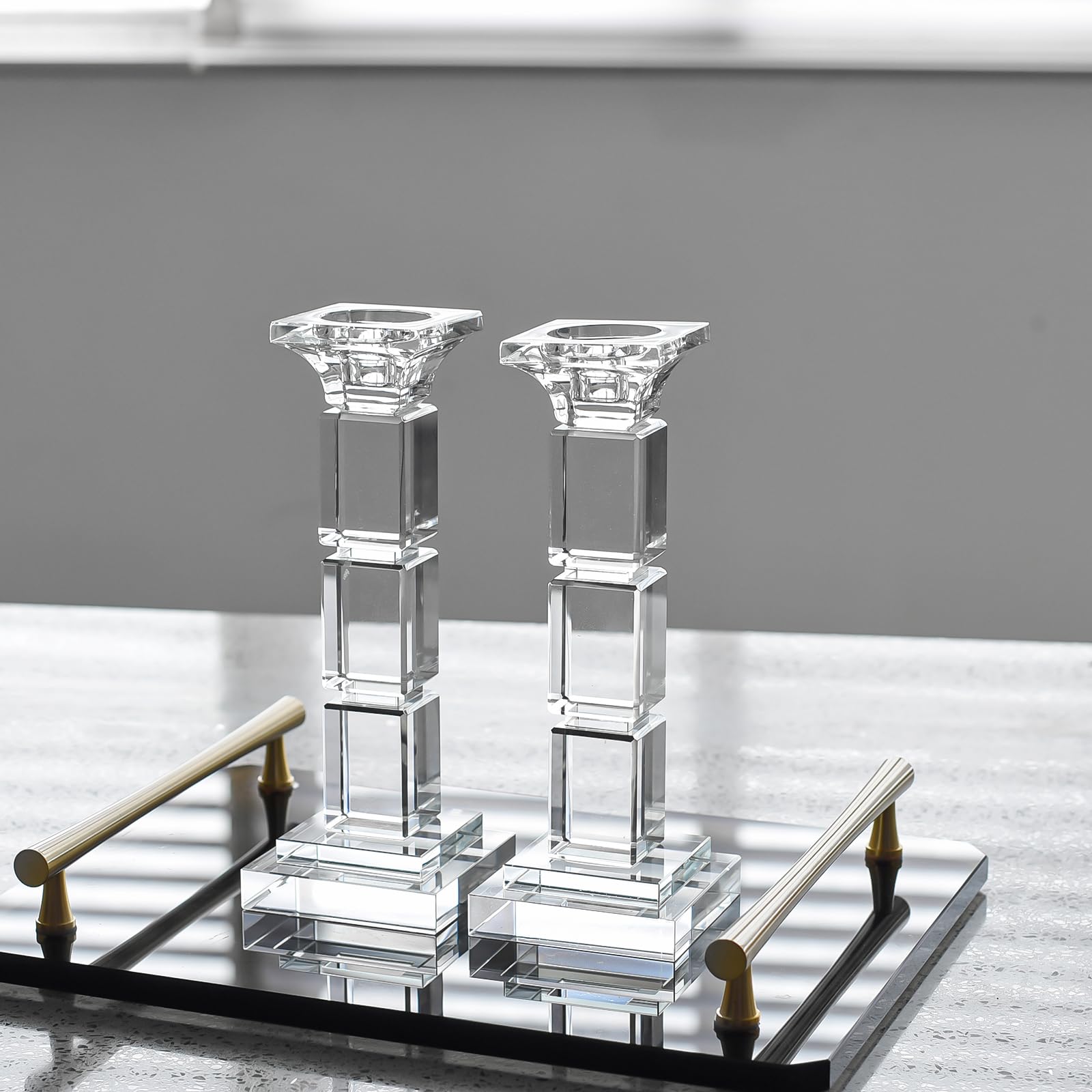 Kristall Kerzenhalter Set, 2 Stück, Dual-Use für Stumpenkerzen & Teelichter, Moderner Leuchter mit elegantem Design als Tischdeko für Hochzeit, Wohnzimmer & Restaurant