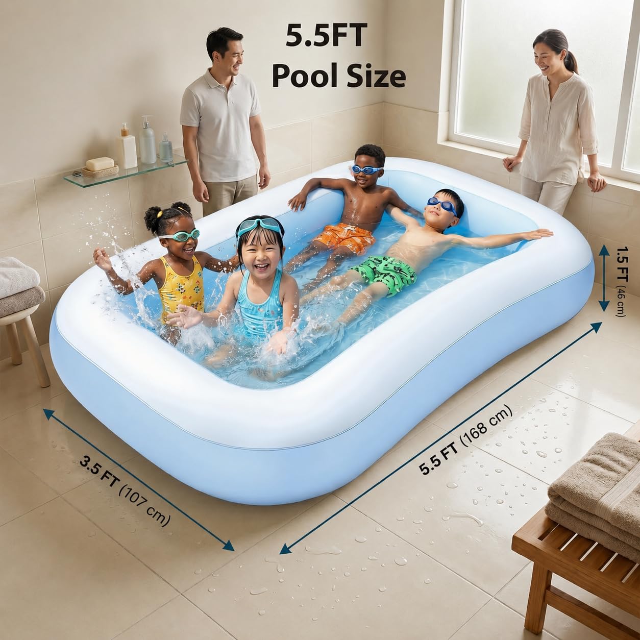 AMBLIC 5.5 Feet Kids Inflatable Swimming Pool, Full-Sized Rectangular Bathtub for Backyard Garden | Summer Party Water Play Pool for Children & Toddlers | Heavy-Duty PVC (Multicolour) (5.5 Feet) 1