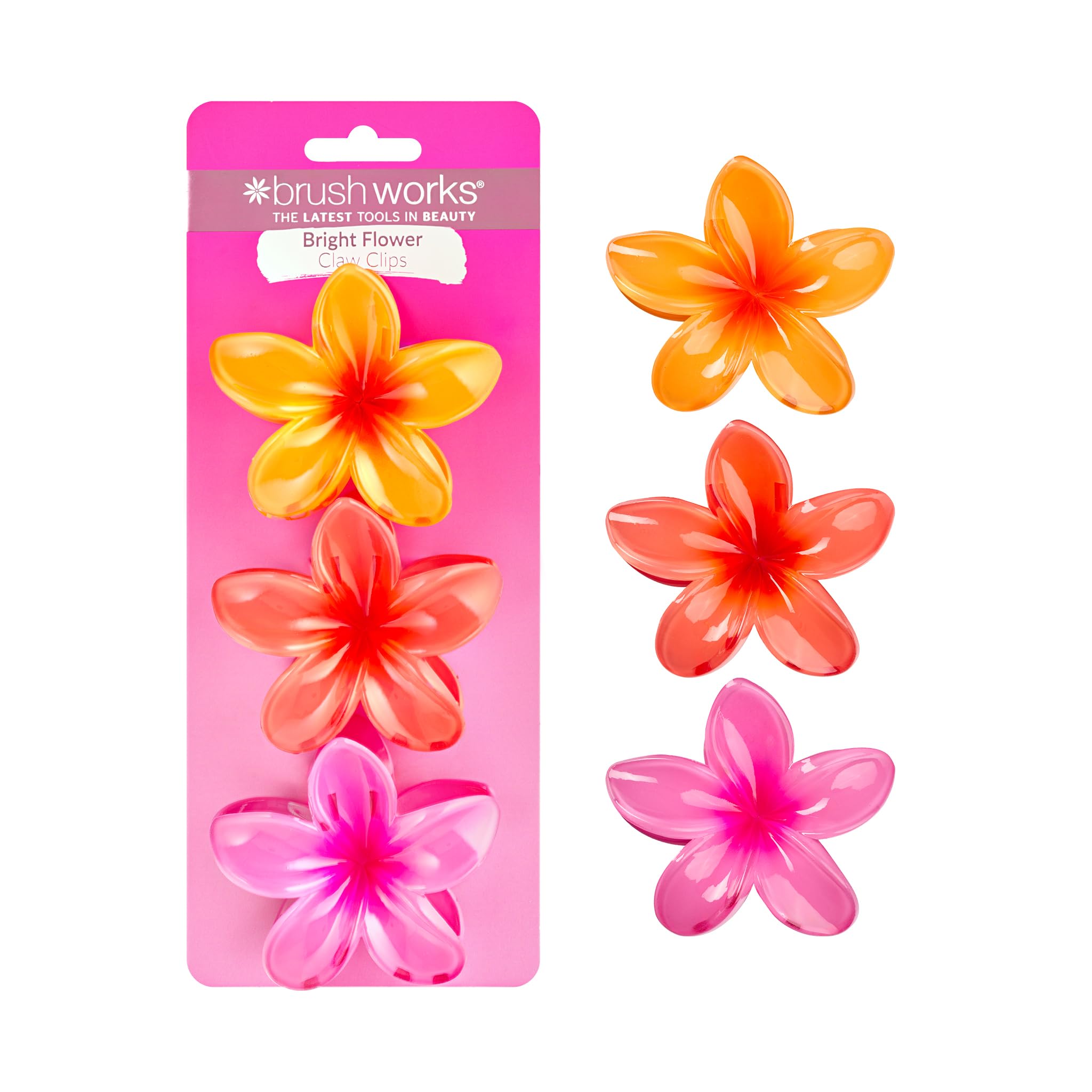Brushworks Pink/Red/Orange Bright Flower Claw Clips - 3 Pack