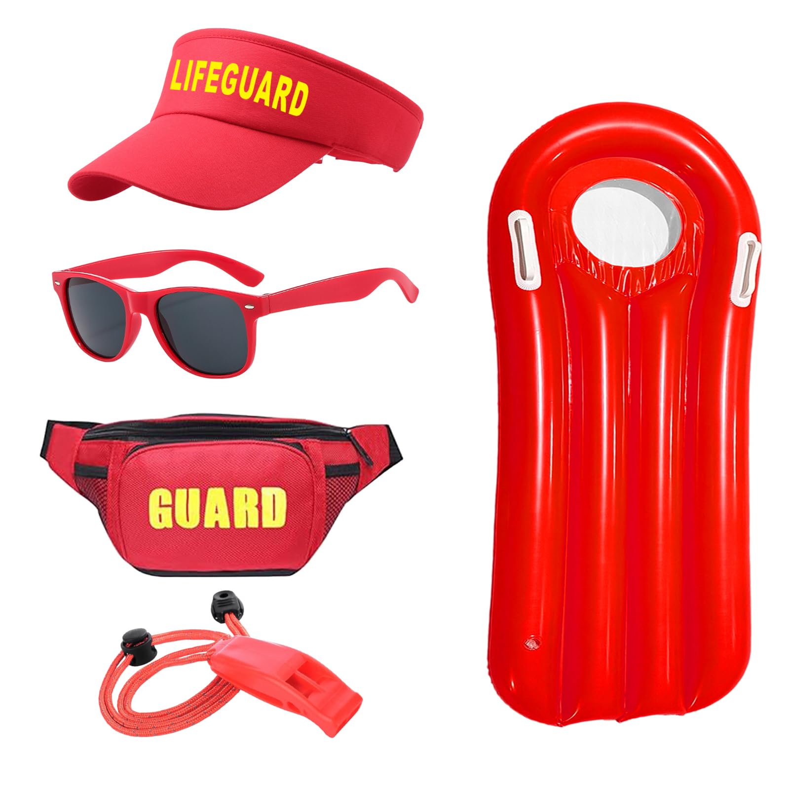 5 Pieces Lifeguard Costume Baywatch Fancy Dress Men Women Lifeguard Beach Accessories Fanny Pack Guard Hat Whistle Sunglasses Inflatable Floatboard for Adults Halloween Cosplay Bachelor Party (Women)