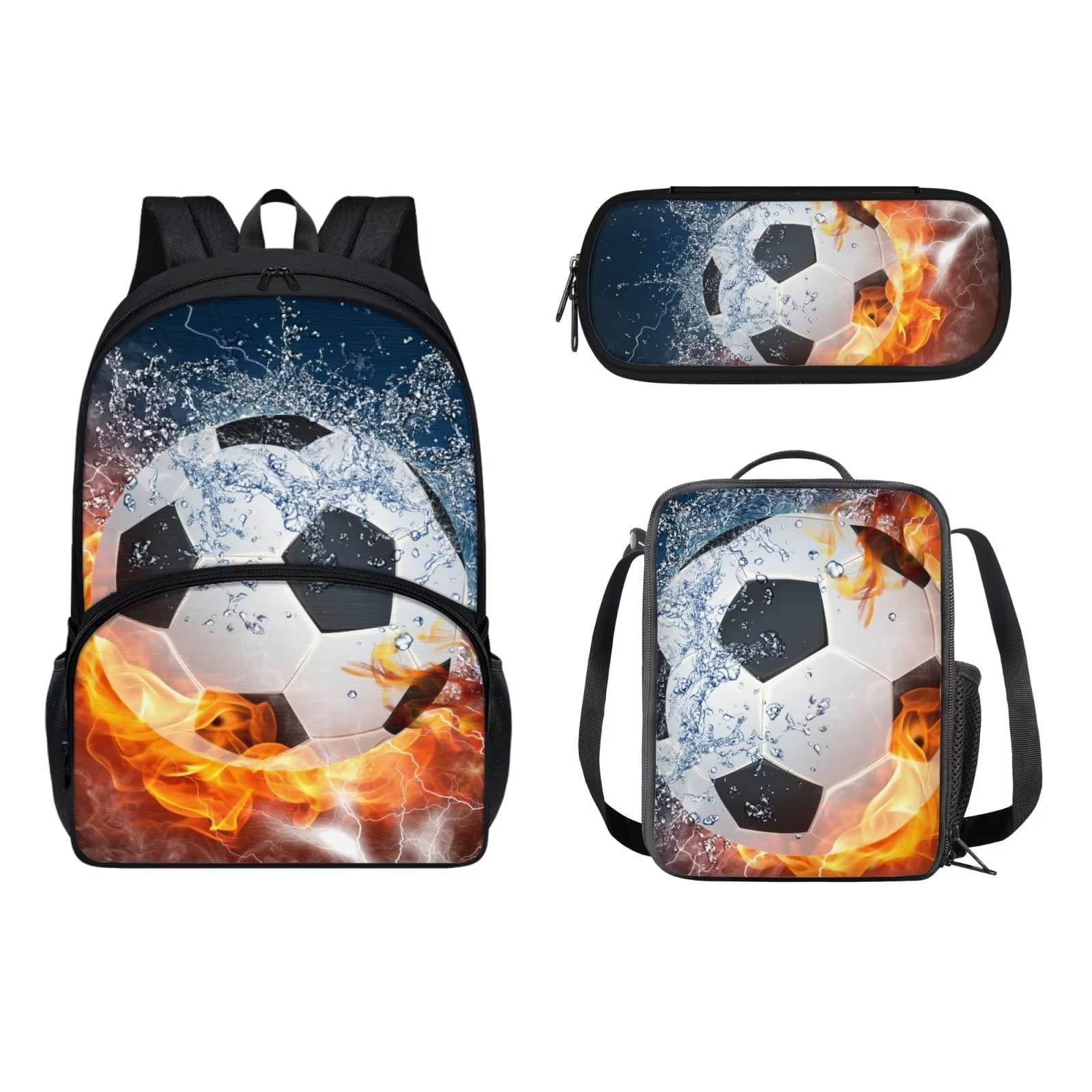 POLERO Mochila escolar de caballos para niños, juego de bolsas de almuerzo, estuche para lápices, 3 piezas, bolsas escolares, fútbol, Talla única, Mochila infantil