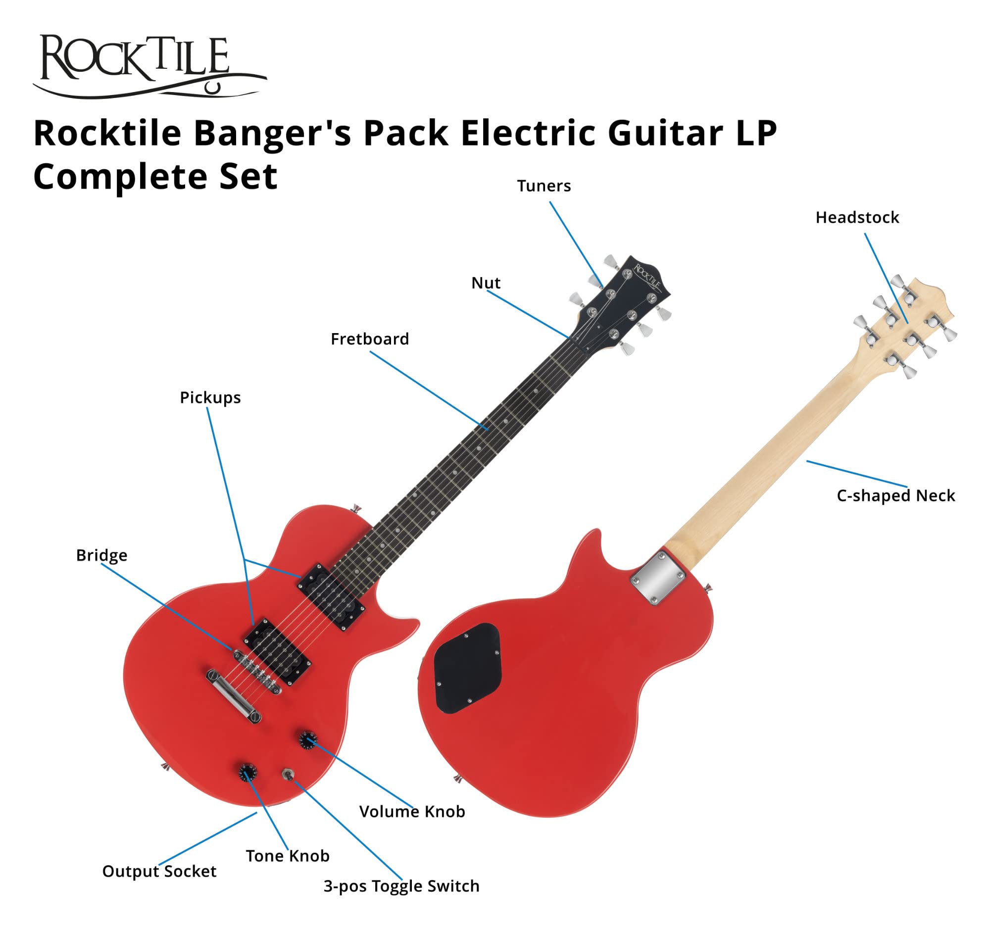 Rocktile Single Cut Pack Set Complet Guitare Électrique Puissante Rouge (Amplificateur, Accordeur, Housse, Câble, Sangle, Médiators, Cordes de Rechange et Cours avec CD/DVD)