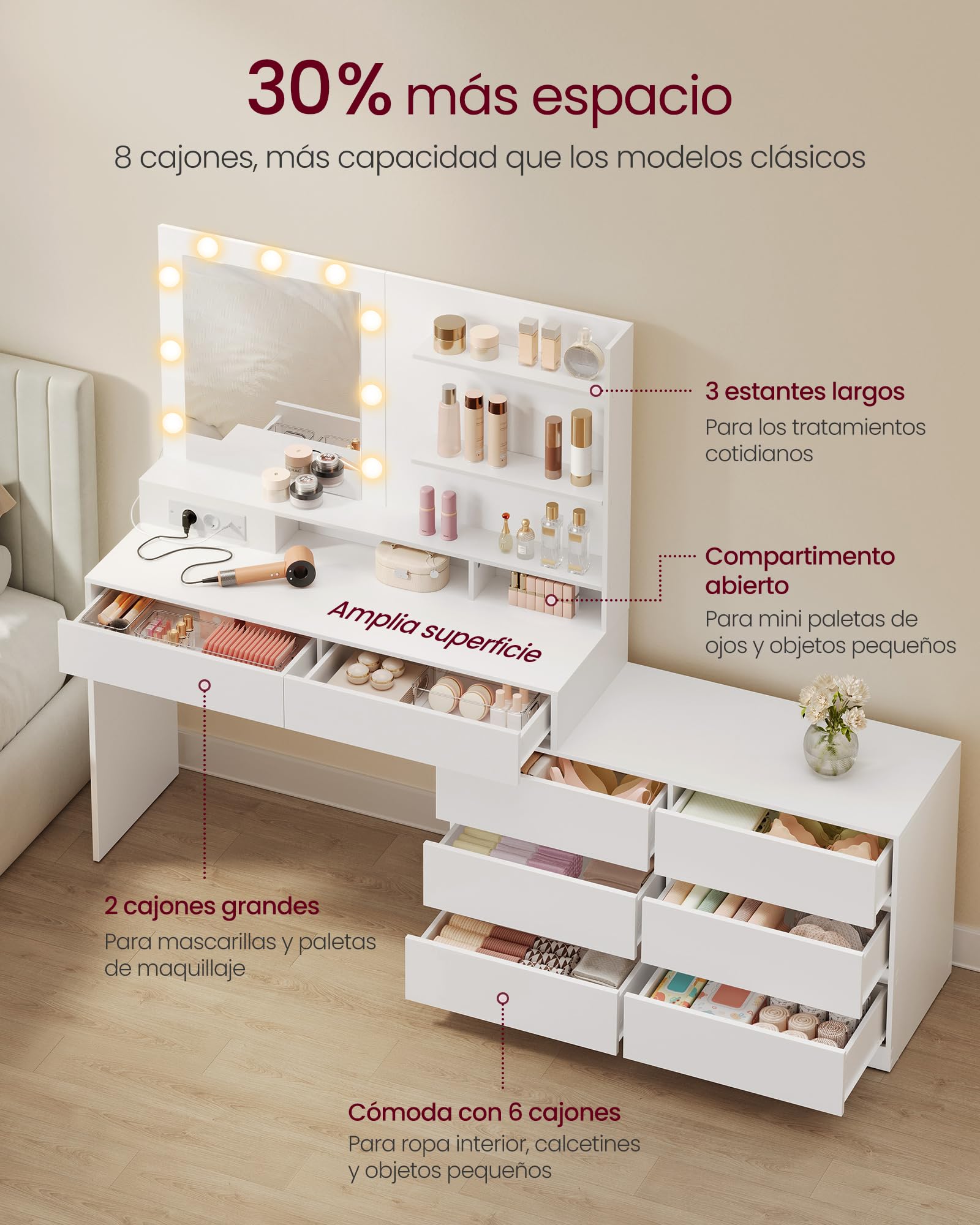 VASAGLE Kailyn Colección - Tocador con Espejo LED y Regleta, 9 Bombillas, 8 Cajones, 3 Estantes, Iluminación de 3 Colores, Modular en Línea o en L, Mesa de Maquillaje, Blanco Nube RDT140WB01