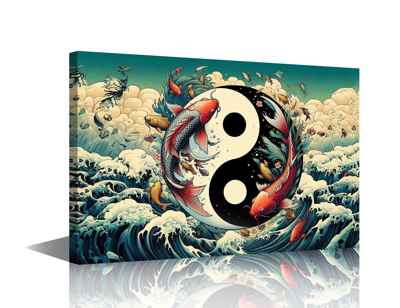 TISHIRON Yin Yang Canvas Wall Art for Bedroom Carpe Marine Wall Art for Living Room Sea Wave Wall Art Decor Modern Artwork for Home Walls Giclee Framed Ready to Hang (12''Wx 18''H)