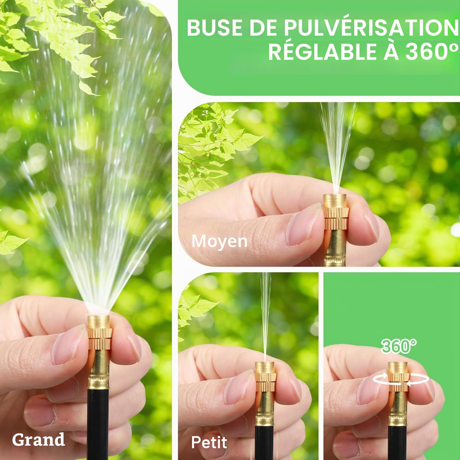 Système d'irrigation de jardin flexible à 360° avec buses de pulvérisation réglables – Kit à monter soi-même pour pelouses, terrasses et refroidissement à brouillard extérieur (15 m)