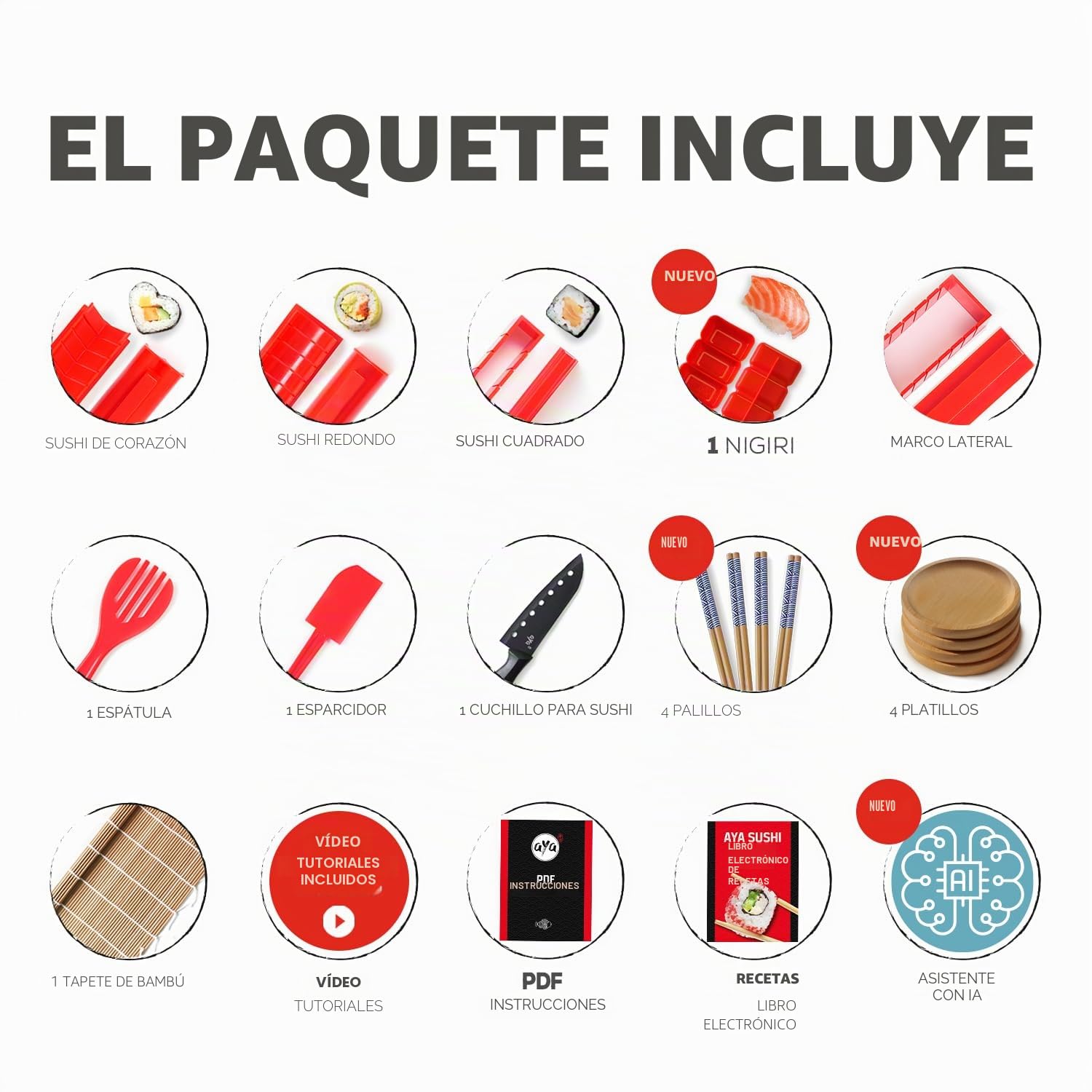 Aya Sushi Maker 3 - Asistente de IA - Recetas - 25 Piezas - Utensilios Para Hacer Sushi - Tutoriales En Vídeo - Kit Con Cuchillo De Sushi y Estera de bambú - Fácil Y Divertida - Maki Nigiri
