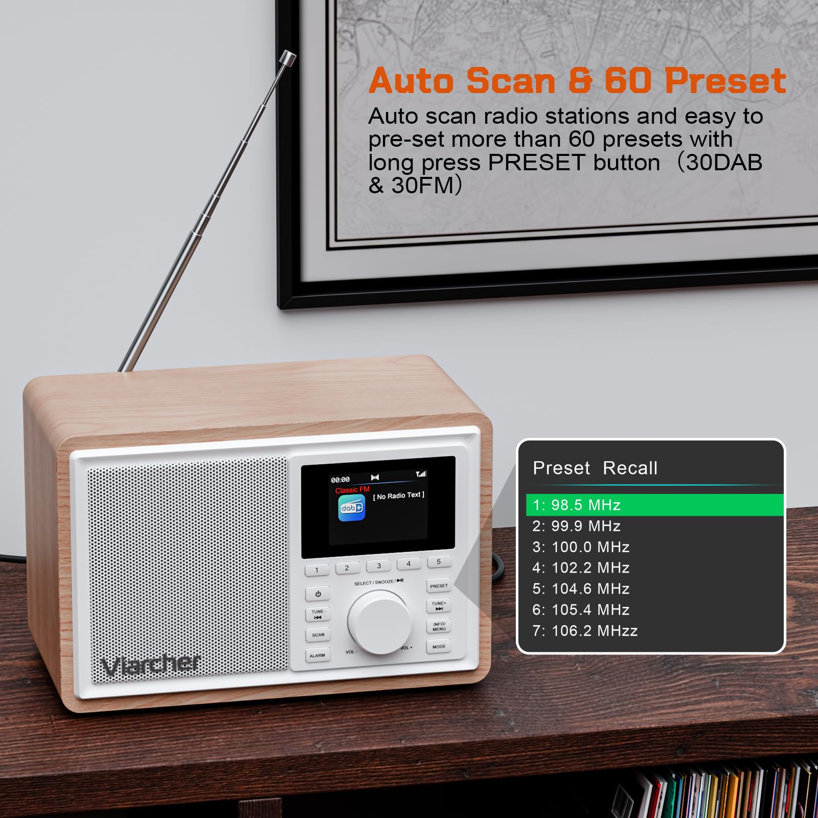 Radio numérique Dab/Dab+ & FM avec Bluetooth, Double Alarme, minuterie de Veille, 60 préréglages, entrée AUX, Prise Casque, écran Couleur 2,4'', Radio de Cuisine, Blanc/chêne