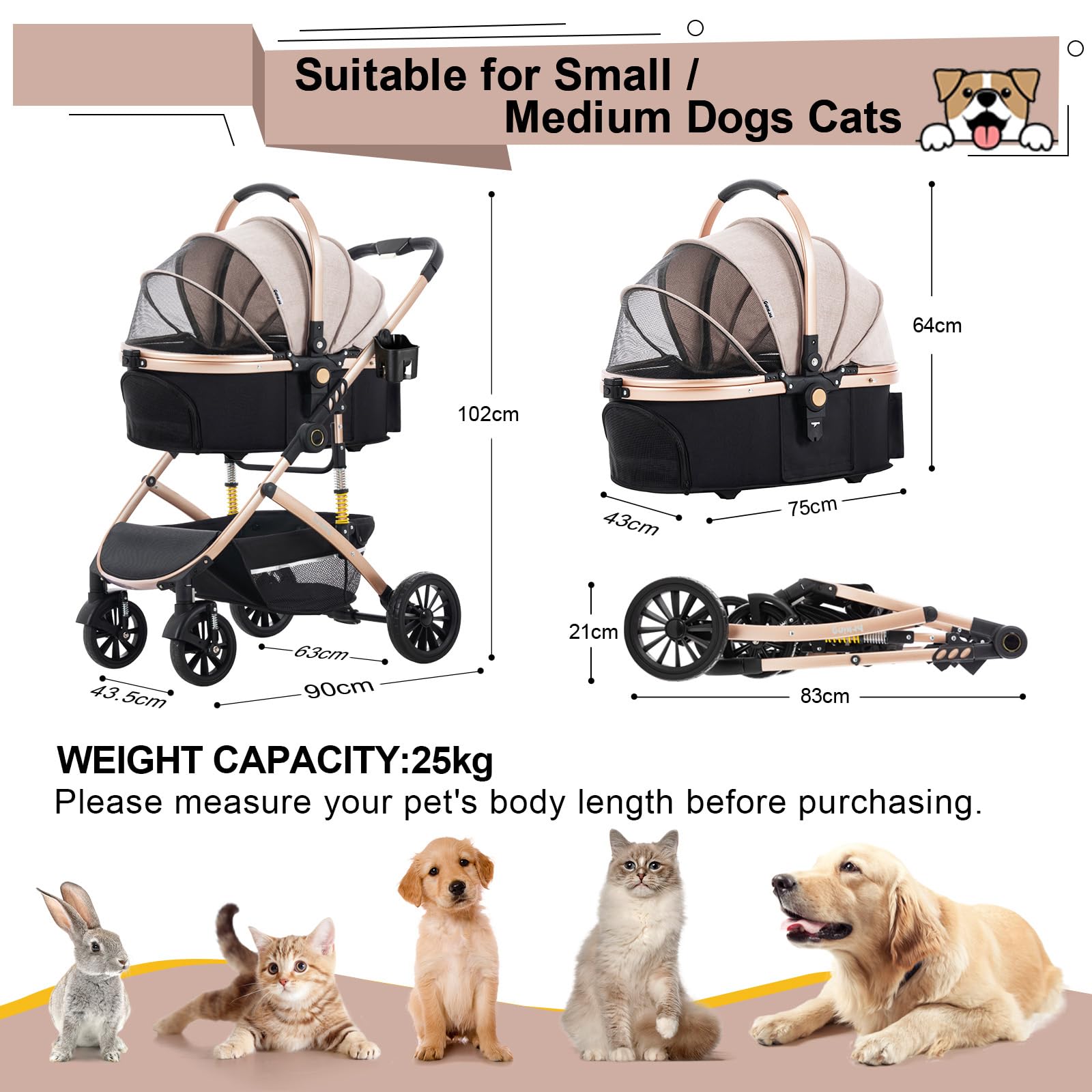 3 in 1 Hundewagen mit Abnehmbarer Reisesitz Hundebuggy Hundebox Transporttasche Klappbar, Haustier Kinderwagen bis 25KG